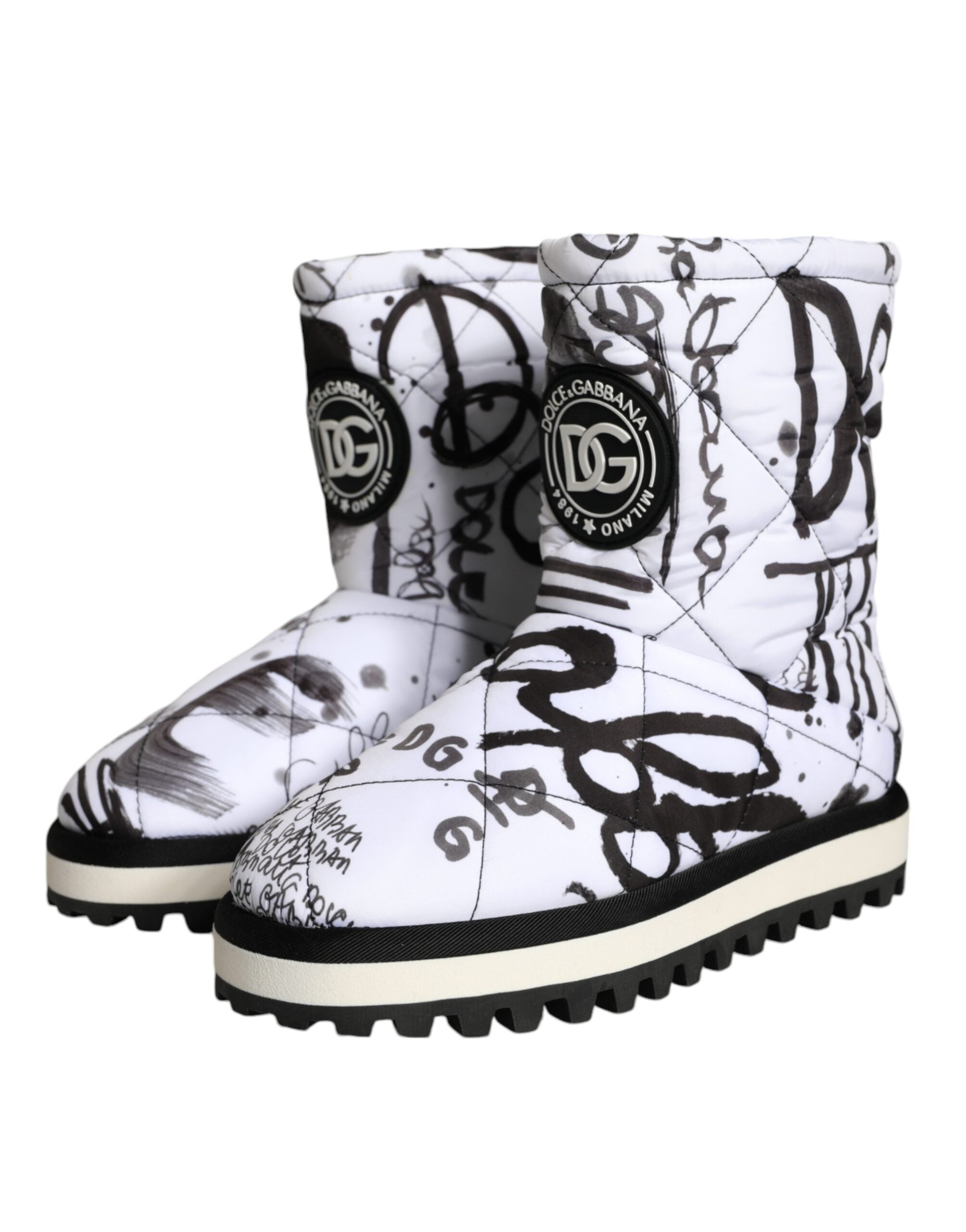 White Padded Logo Print Mid Calf Boots Shoes - ventzia