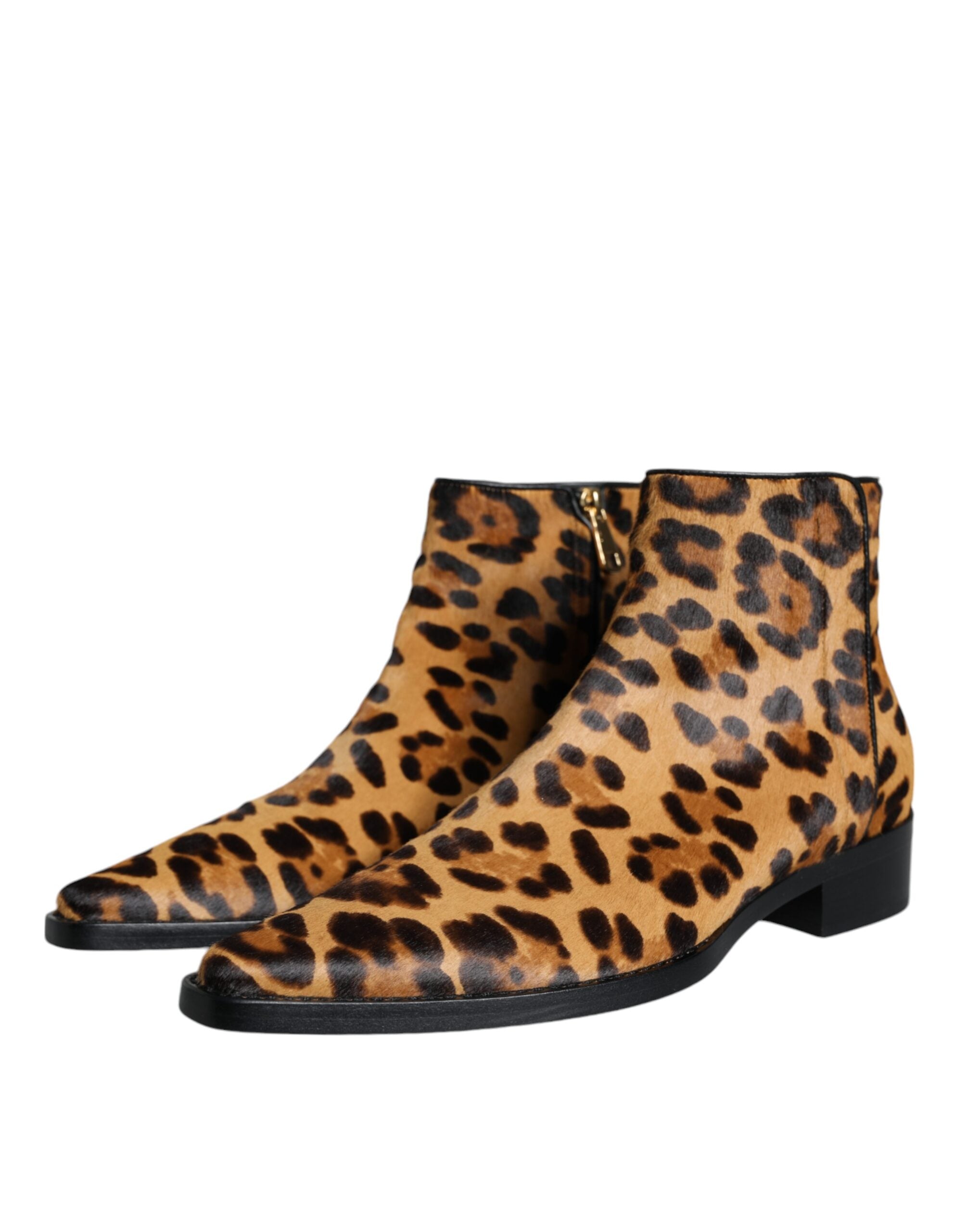 Brown Leopard Calf Fur Ankle Boots Shoes - ventzia