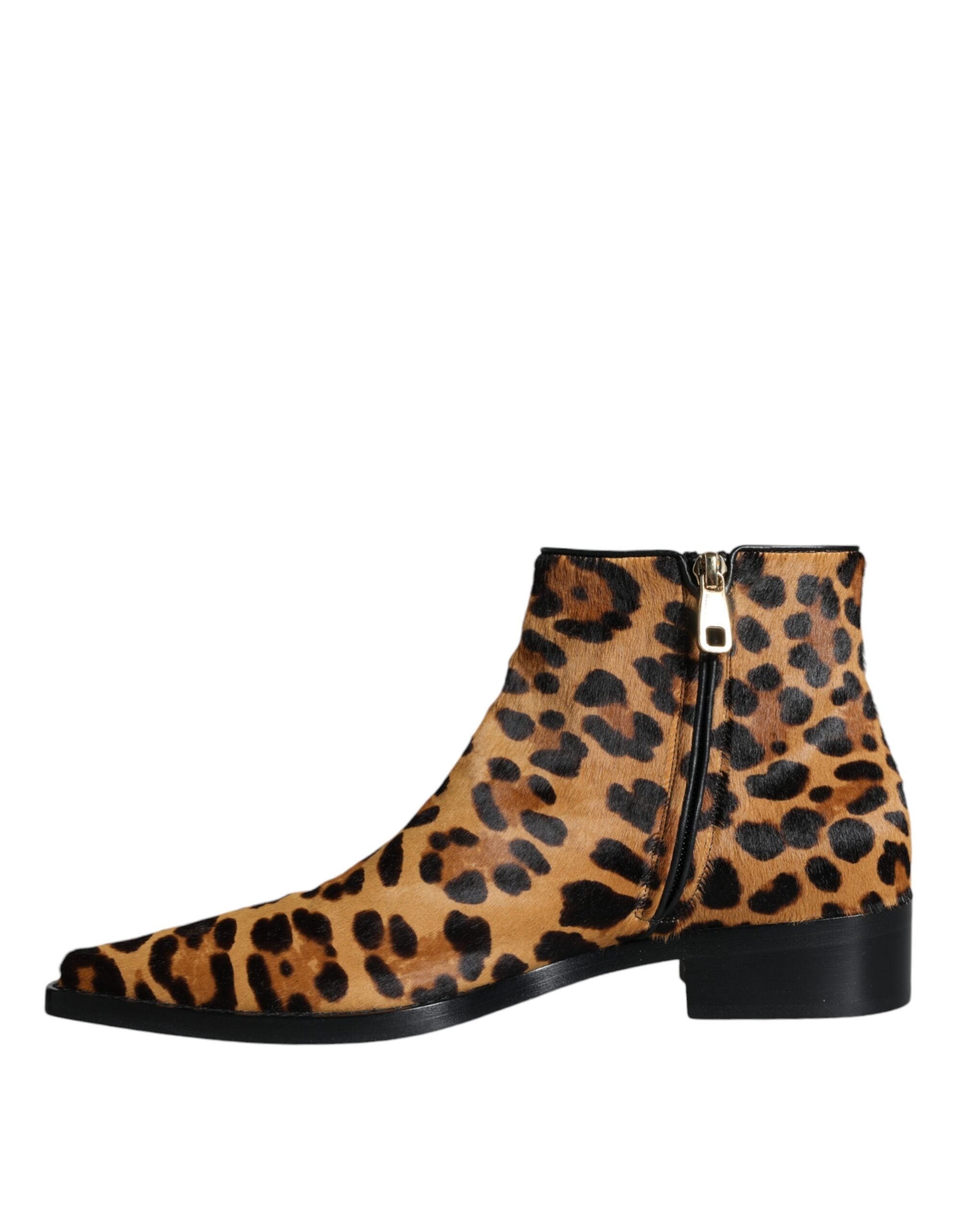 Brown Leopard Calf Fur Ankle Boots Shoes - ventzia