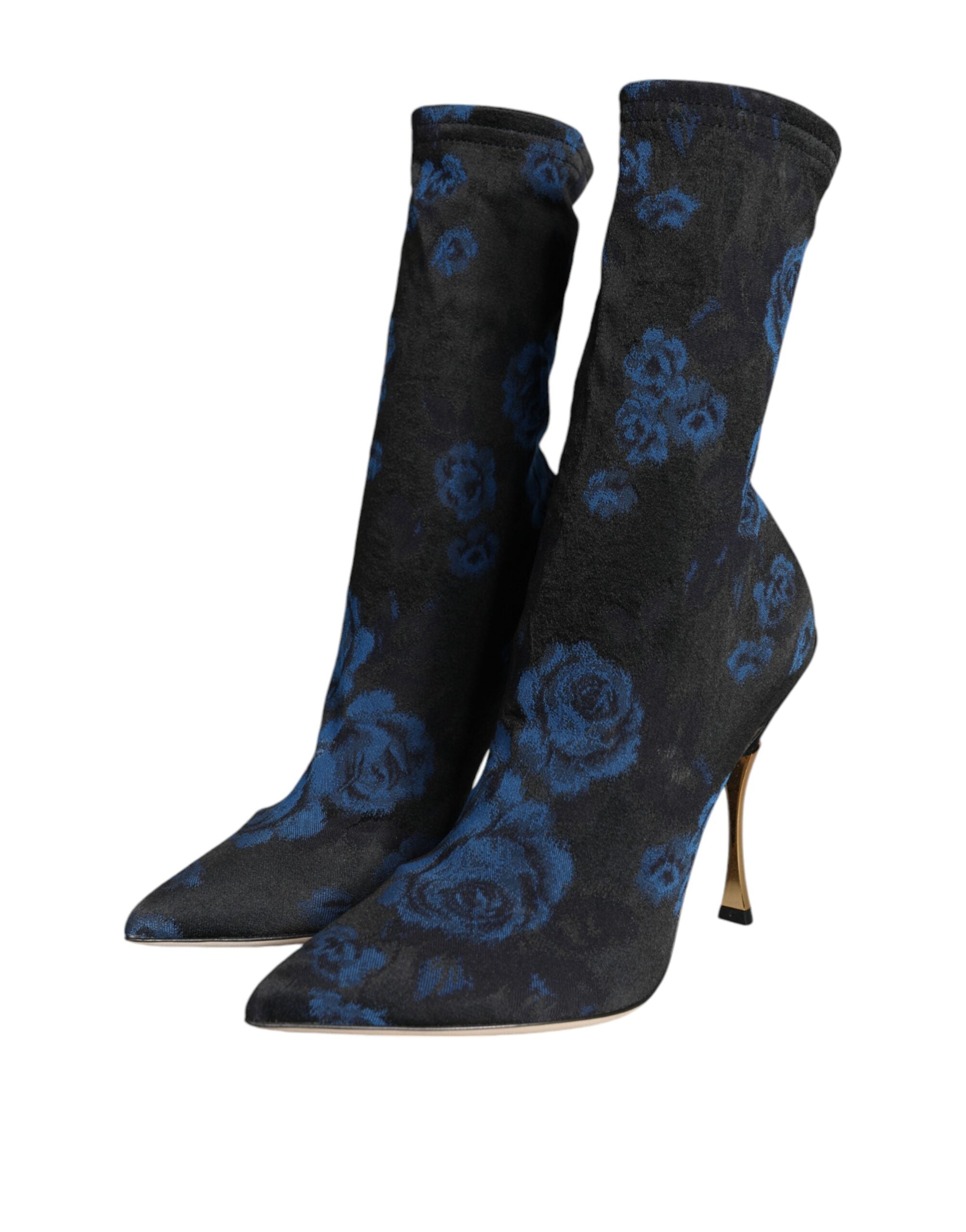 Black Floral Stretch Mid Calf Boots Shoes - ventzia