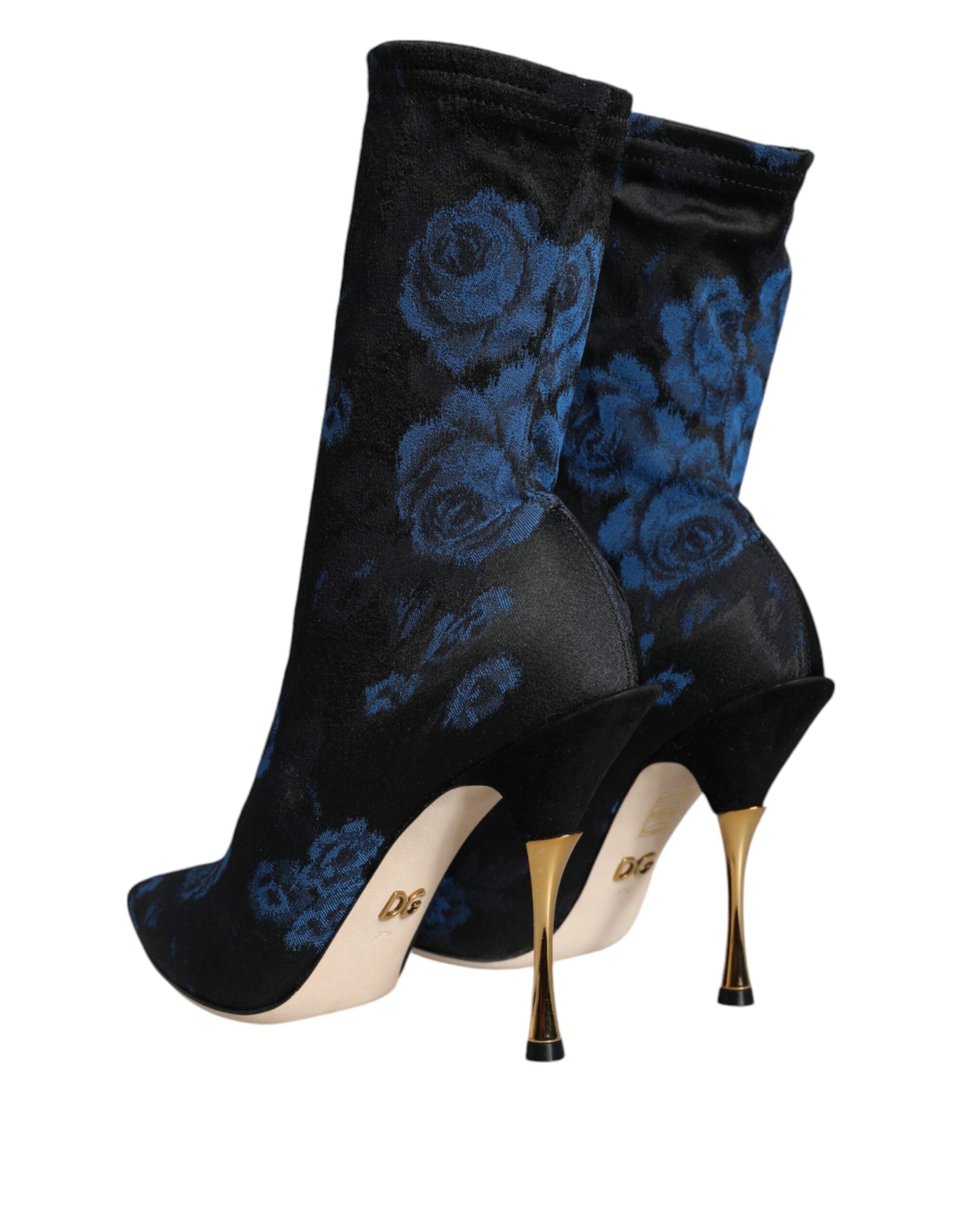 Black Floral Stretch Mid Calf Boots Shoes - ventzia