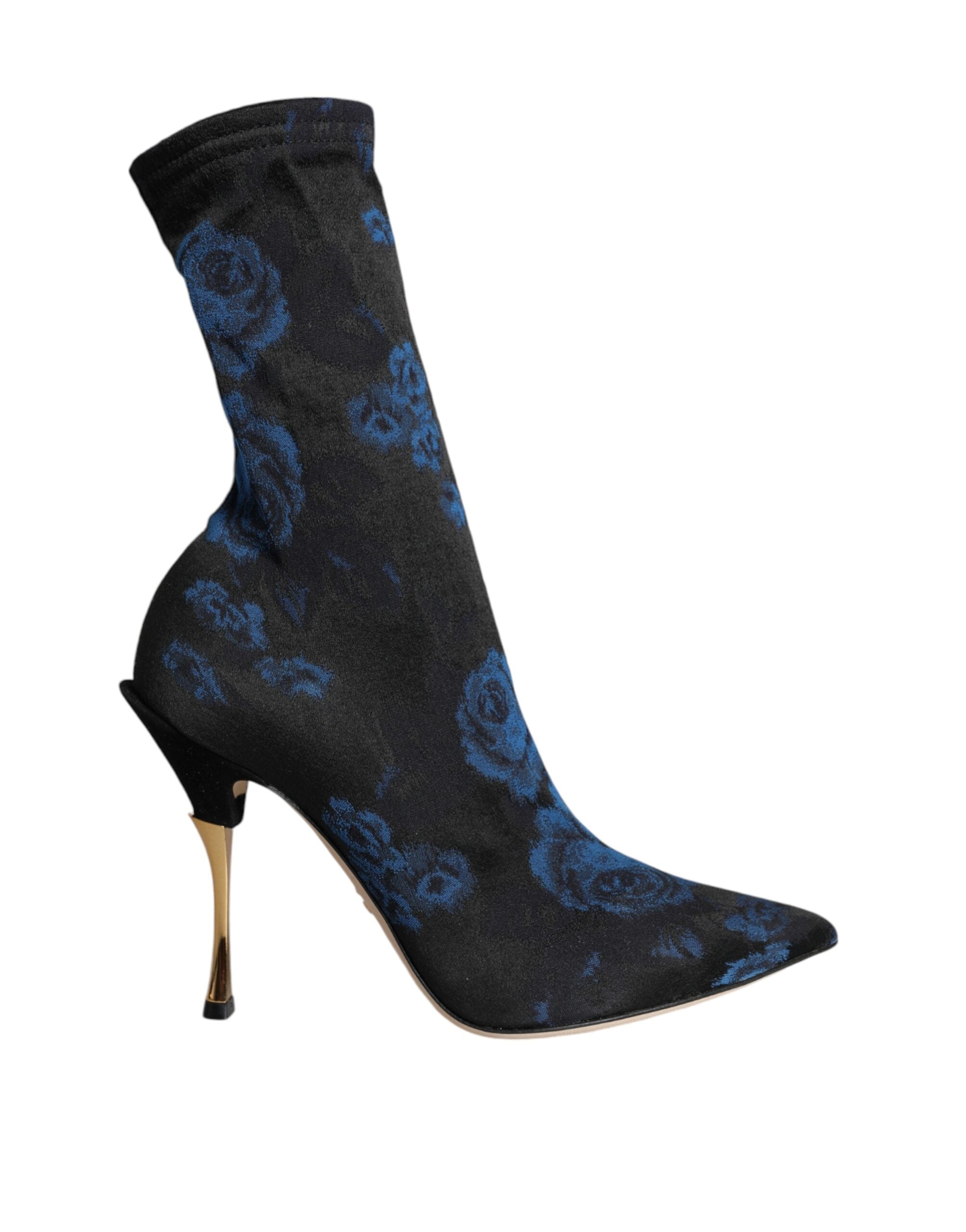 Black Floral Stretch Mid Calf Boots Shoes - ventzia