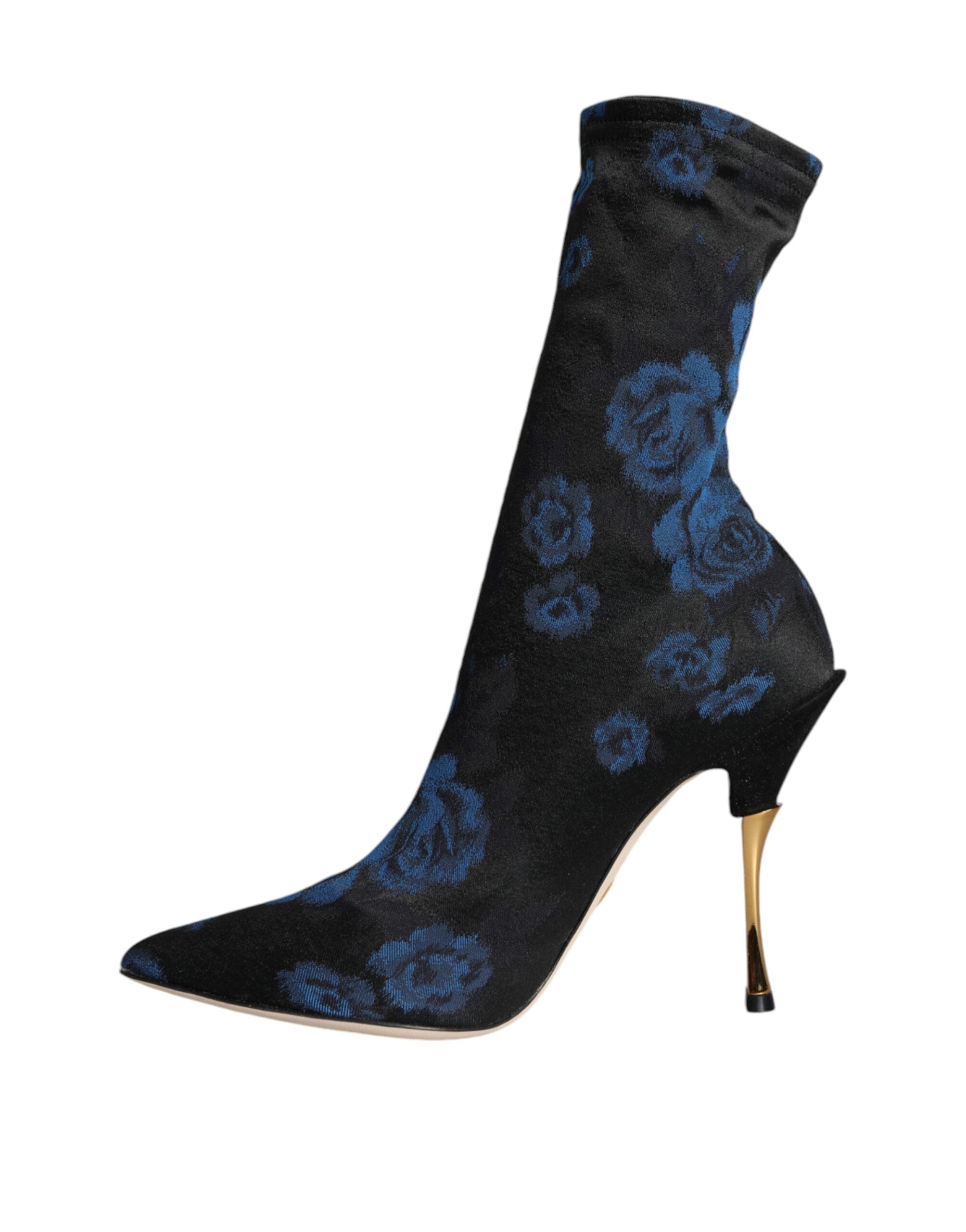 Black Floral Stretch Mid Calf Boots Shoes - ventzia