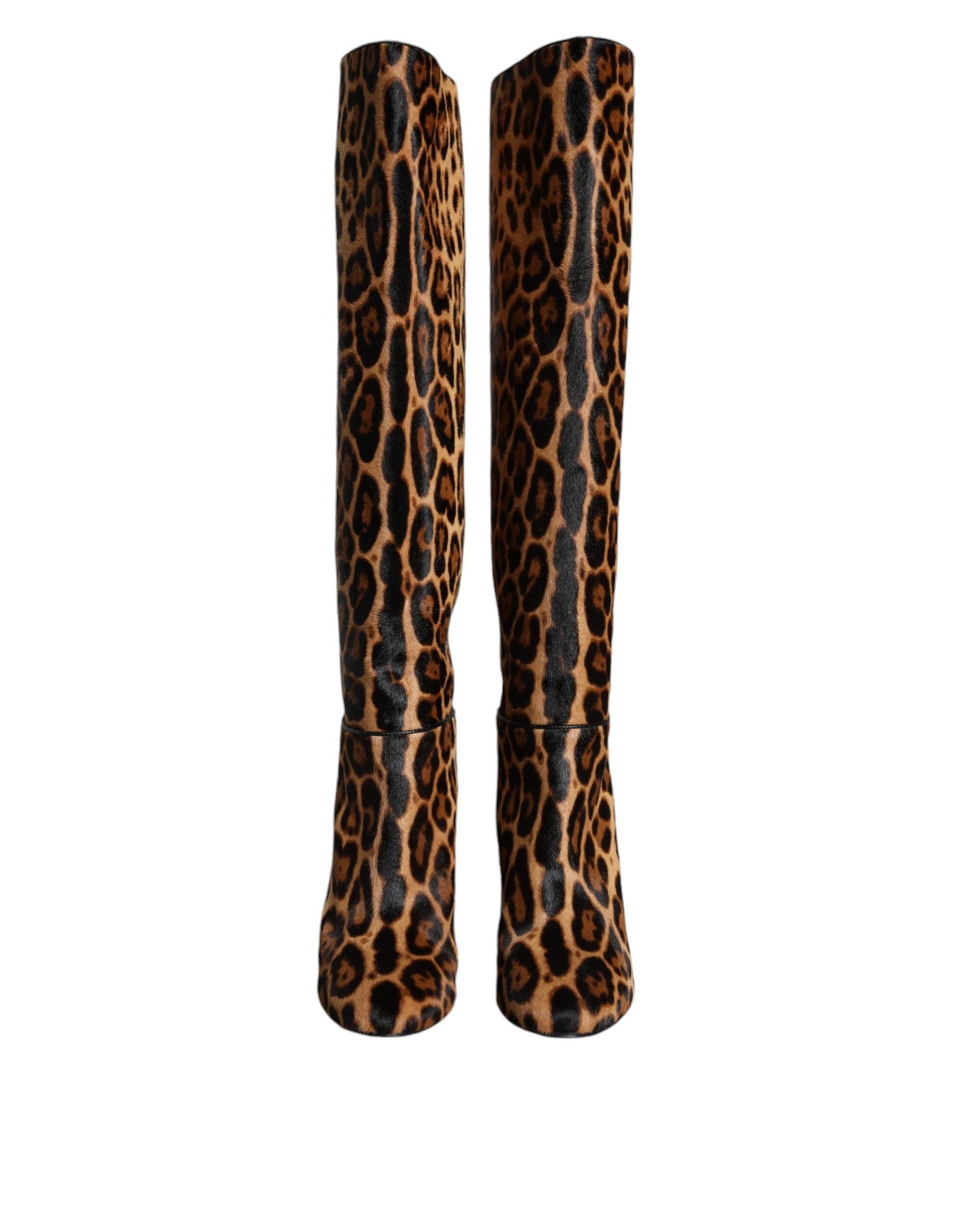 Beige Black Leopard Knee High Boots Shoes - ventzia
