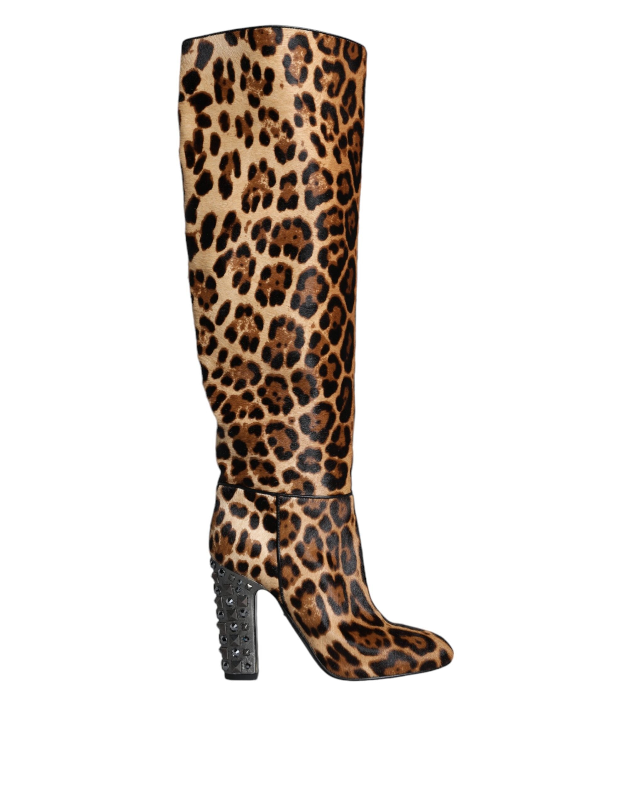 Beige Black Leopard Knee High Boots Shoes - ventzia