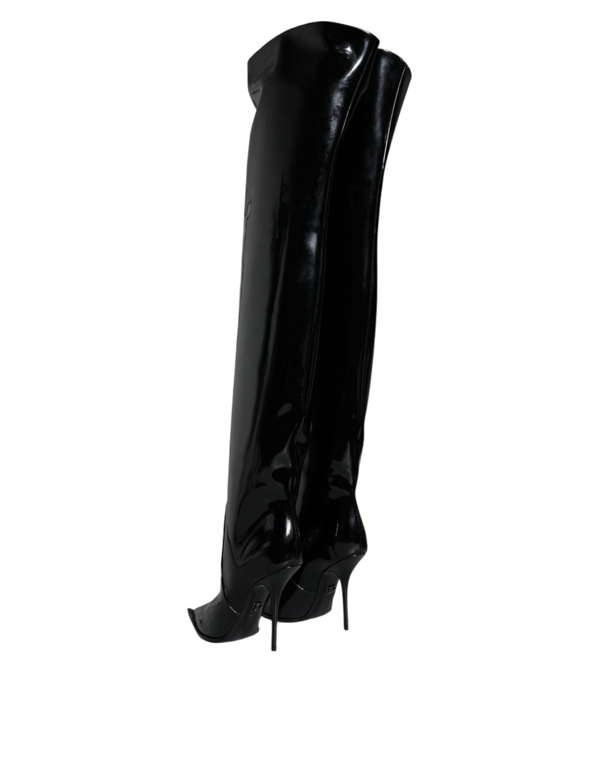 Black Patent Leather Knee High Boots Shoes - ventzia