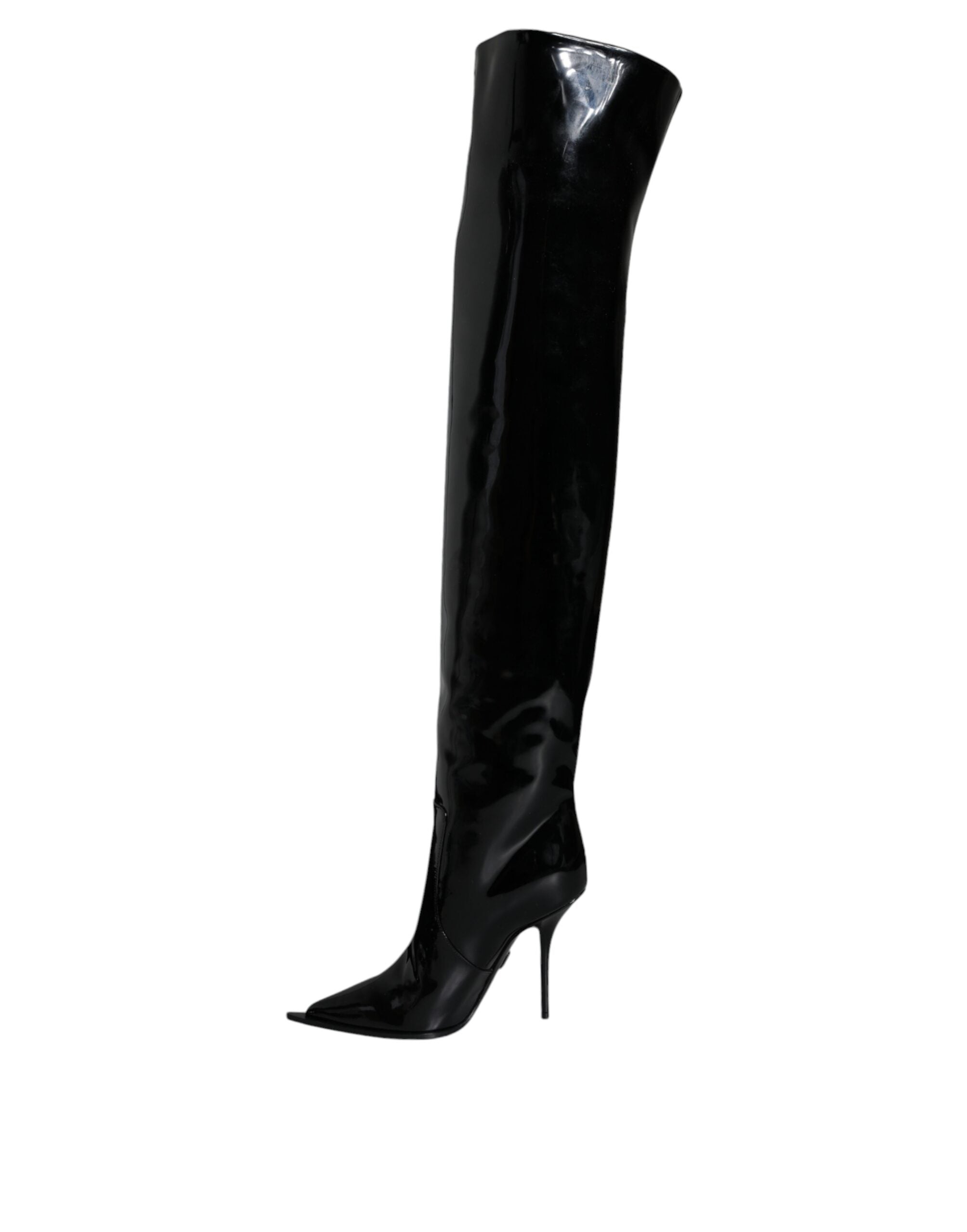 Black Patent Leather Knee High Boots Shoes - ventzia