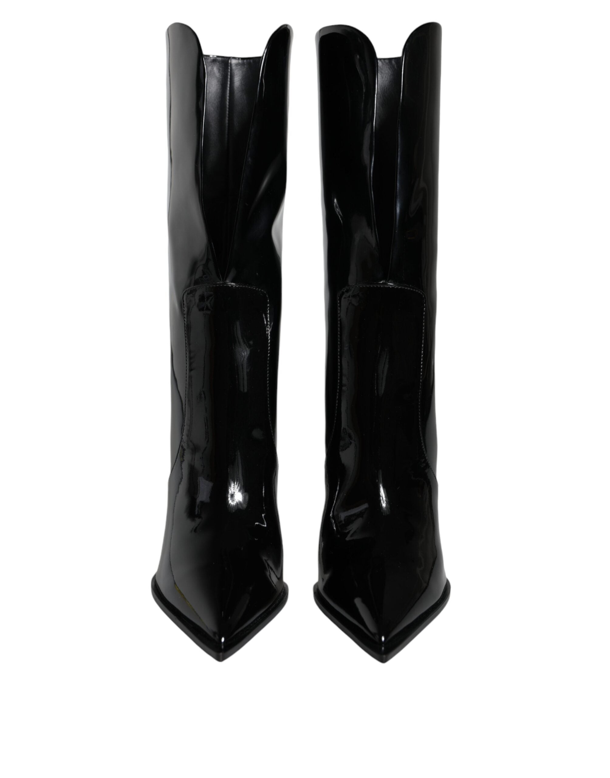 Black Patent Leather Mid Calf Boots Shoes - ventzia