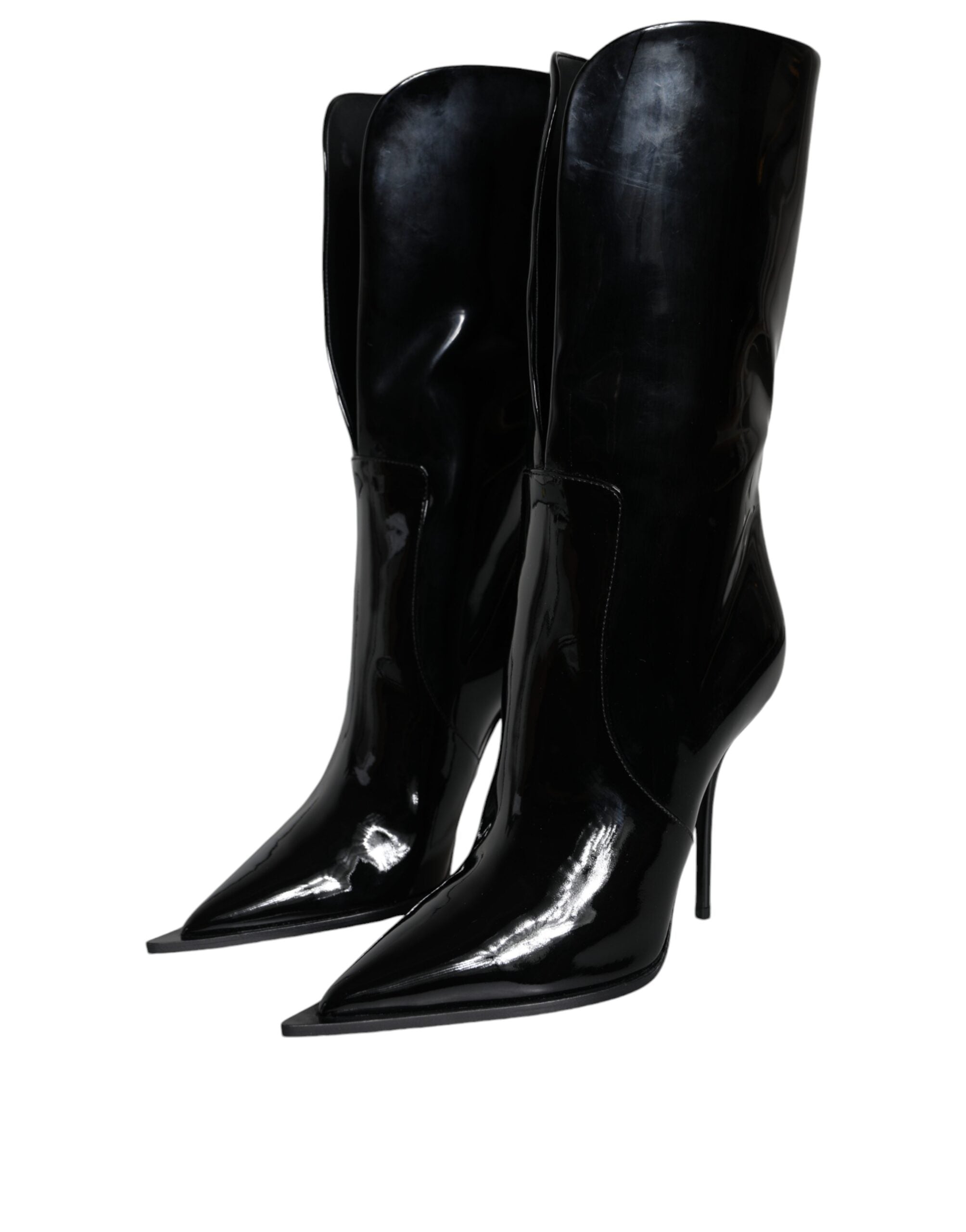 Black Patent Leather Mid Calf Boots Shoes - ventzia
