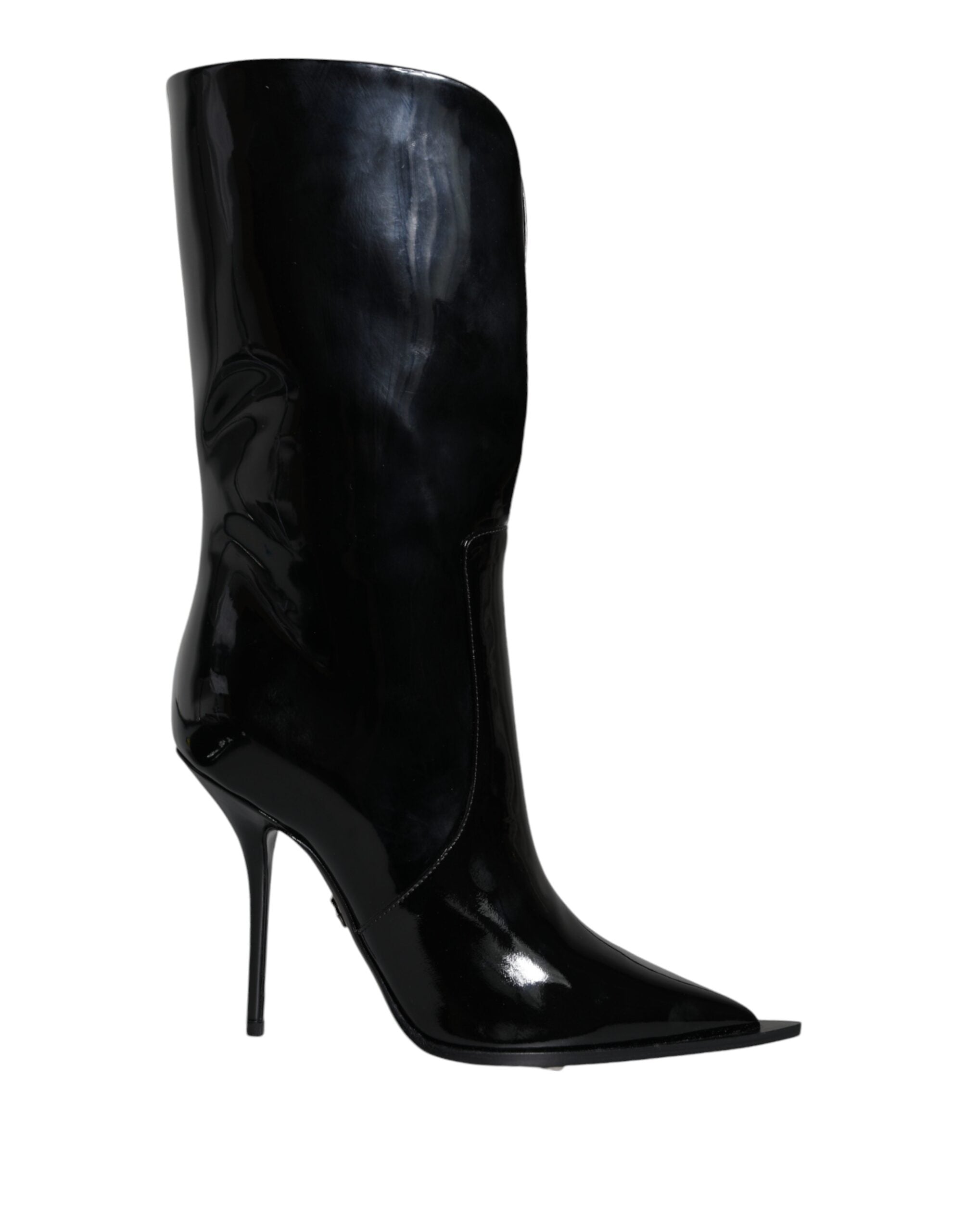 Black Patent Leather Mid Calf Boots Shoes - ventzia