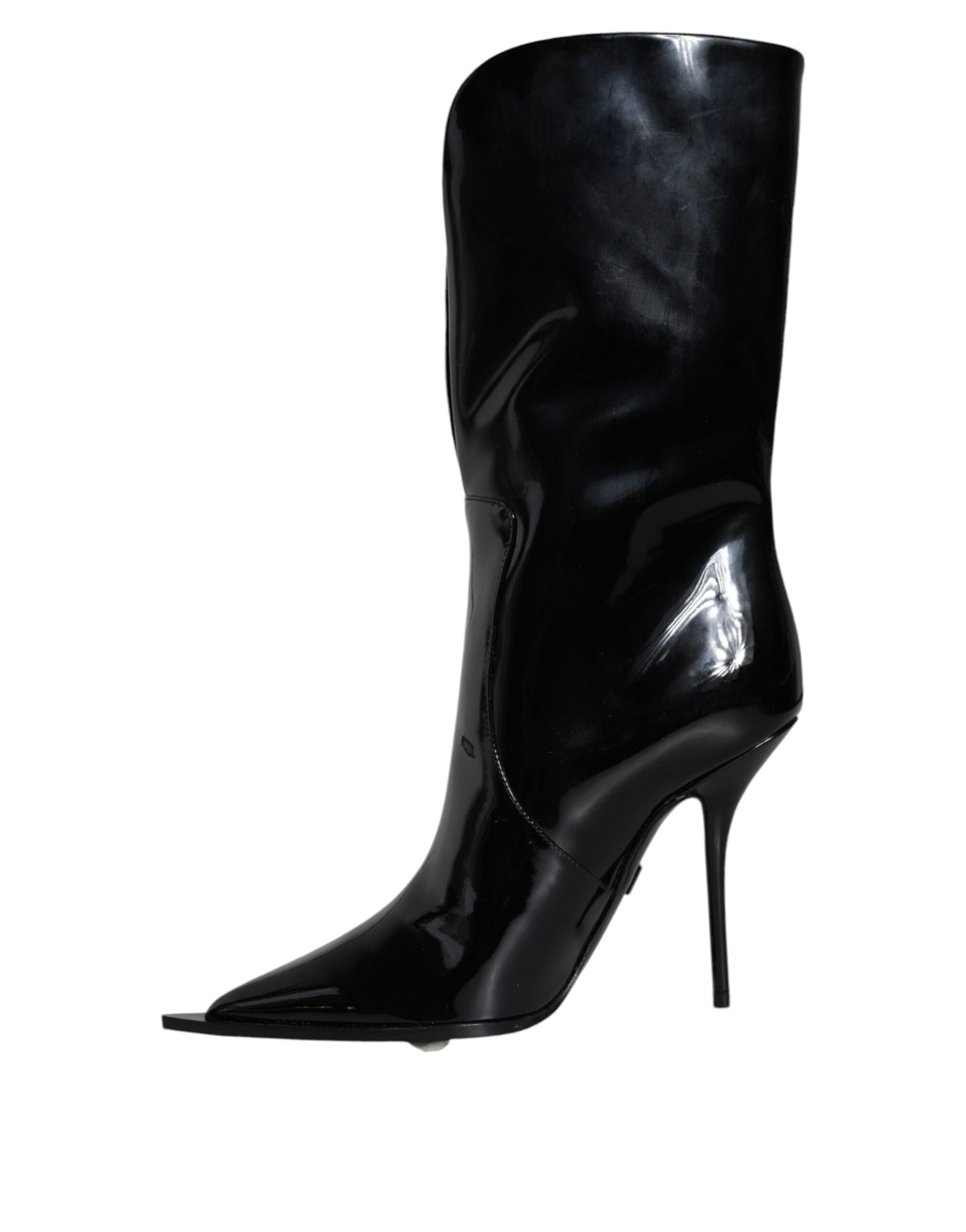 Black Patent Leather Mid Calf Boots Shoes - ventzia