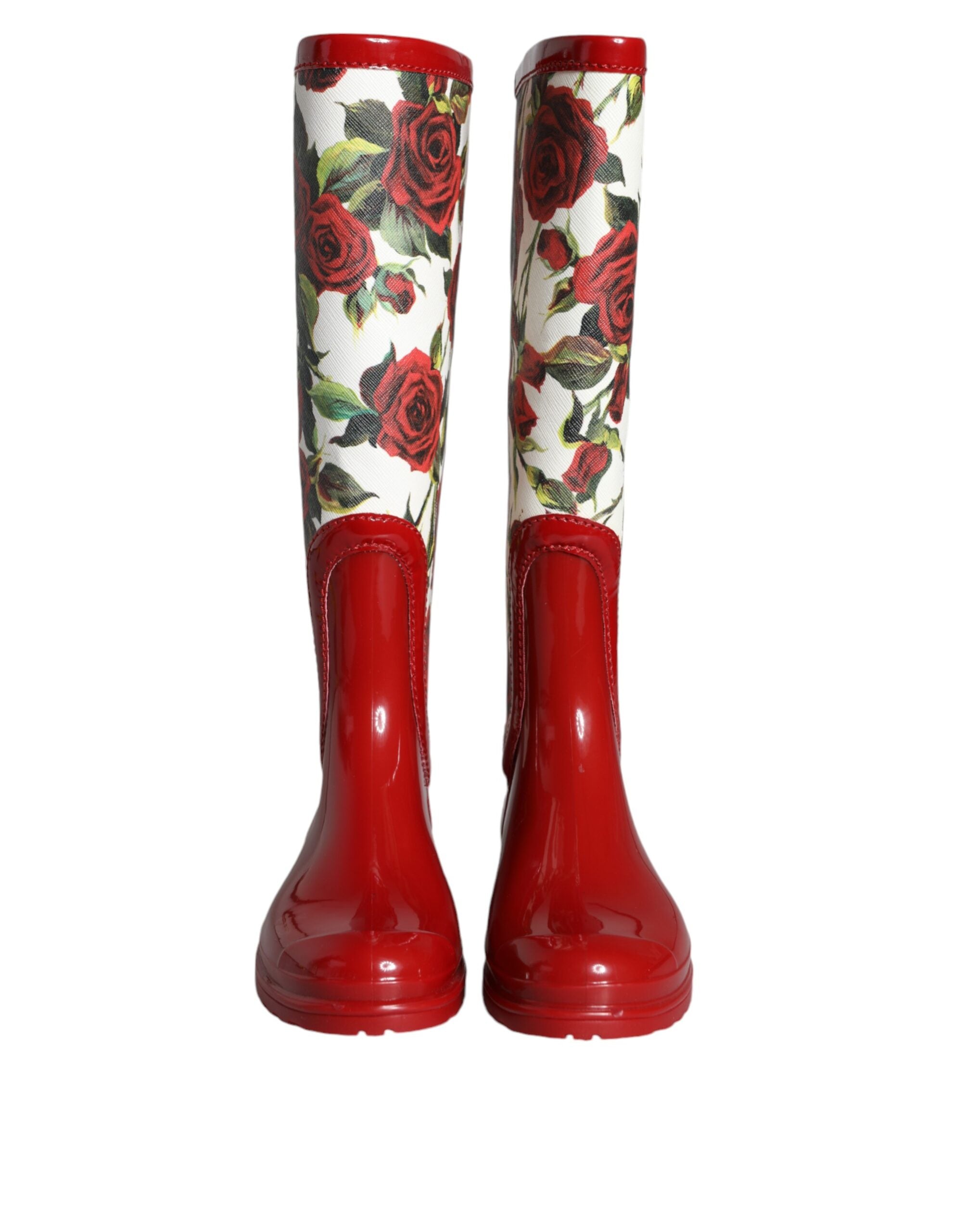 Red Floral Rubber Knee High Flat Boots Shoes - ventzia