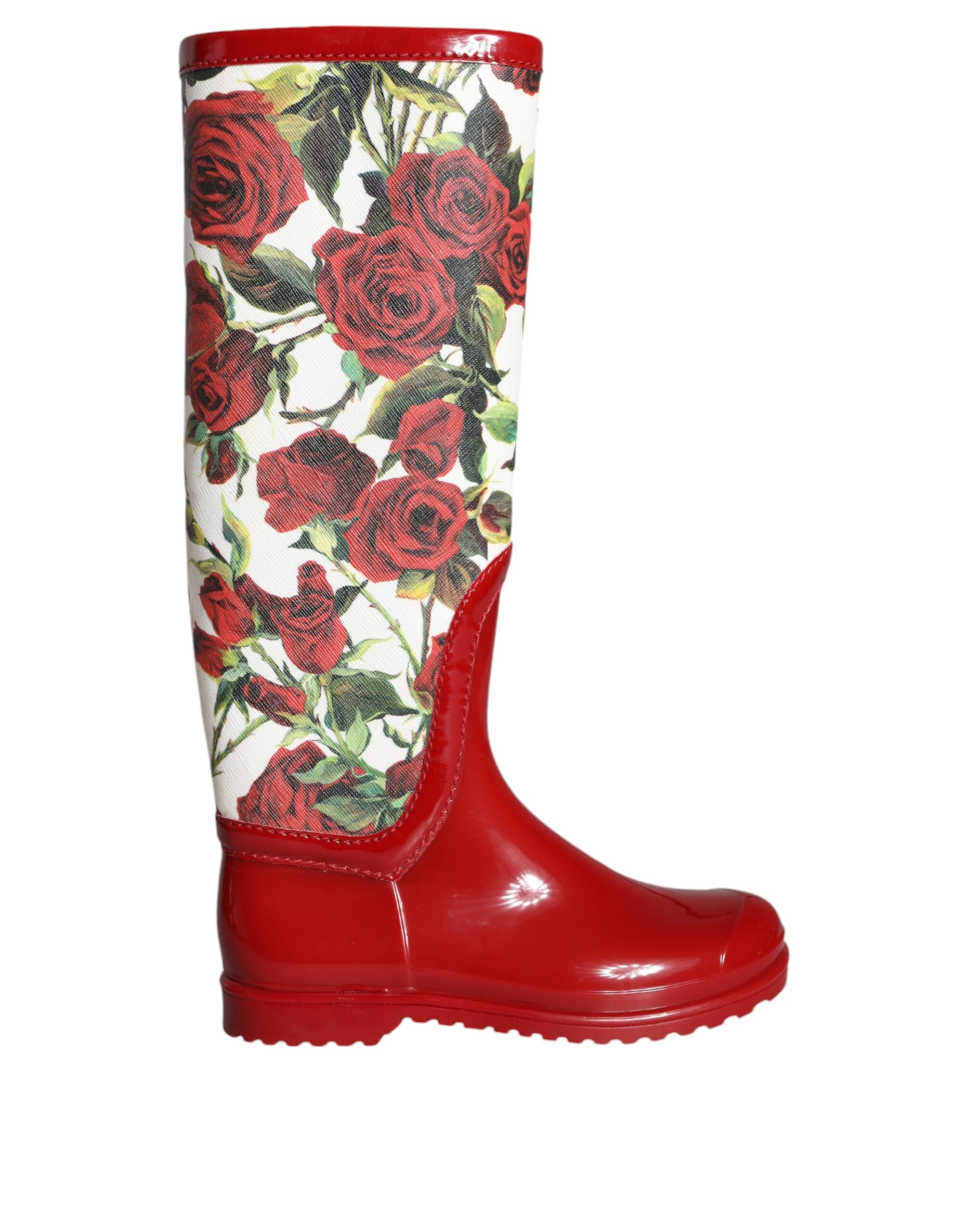 Red Floral Rubber Knee High Flat Boots Shoes - ventzia