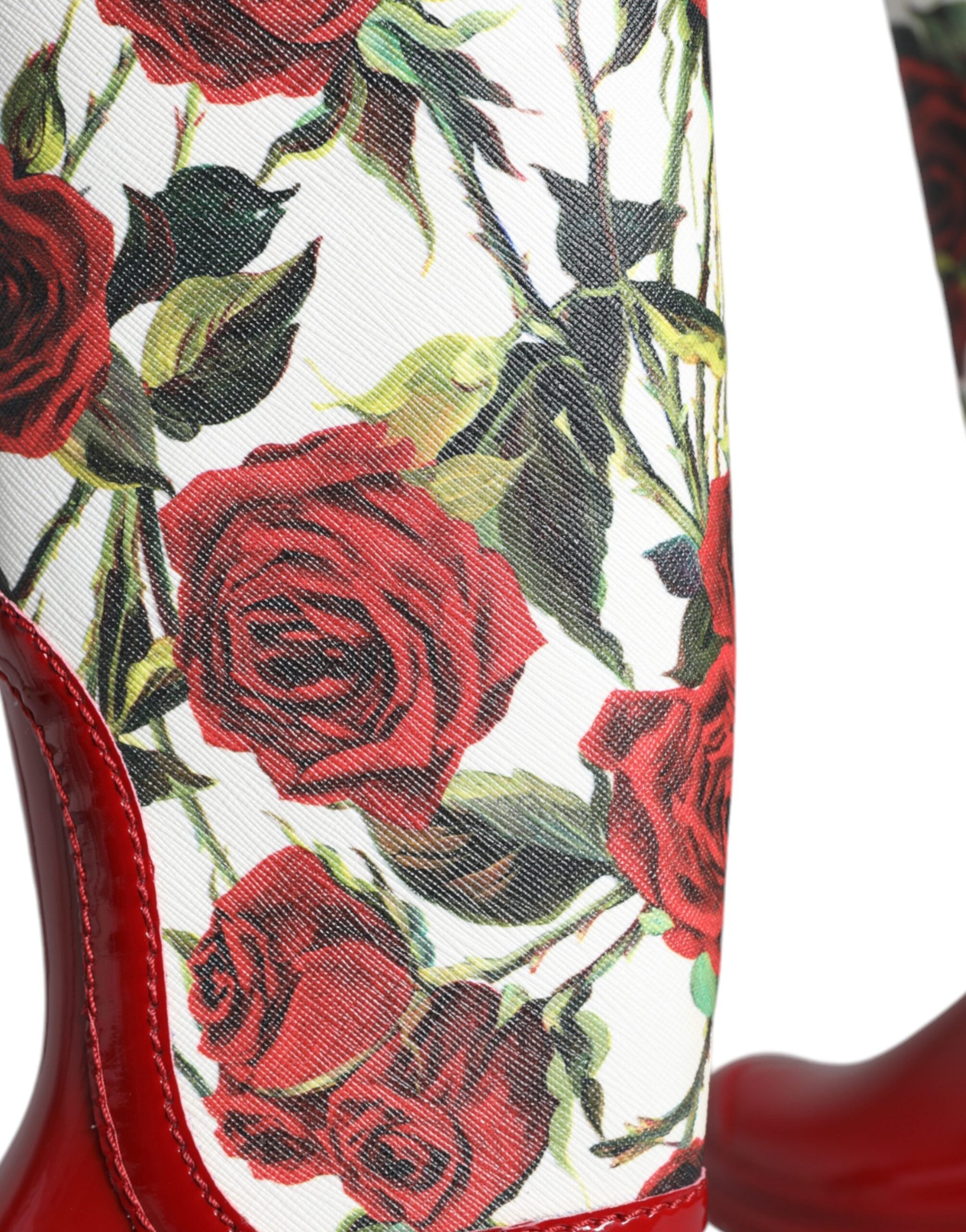 Red Floral Rubber Knee High Flat Boots Shoes - ventzia
