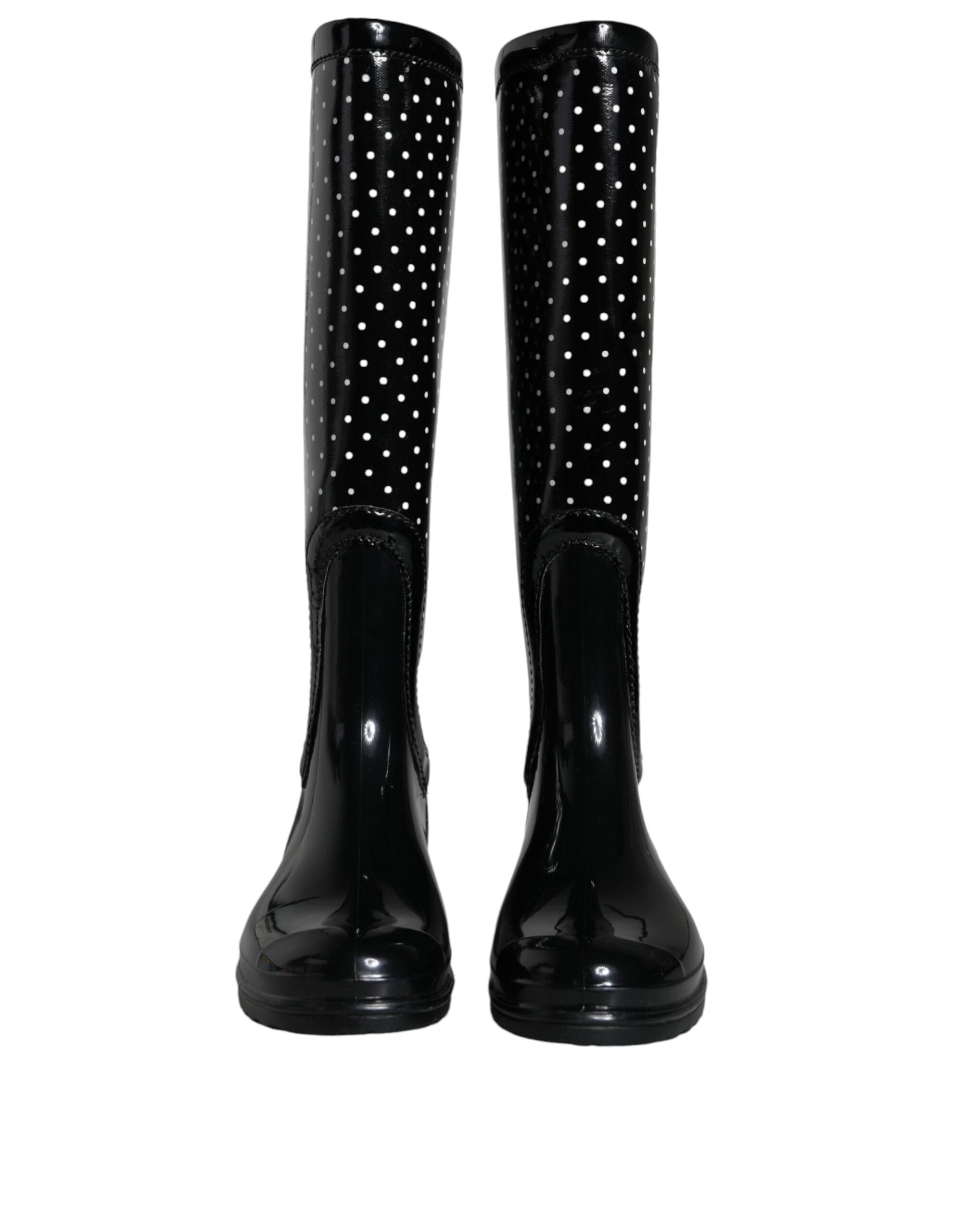 Black Polka Dot Rubber Knee High Boots Shoes - ventzia