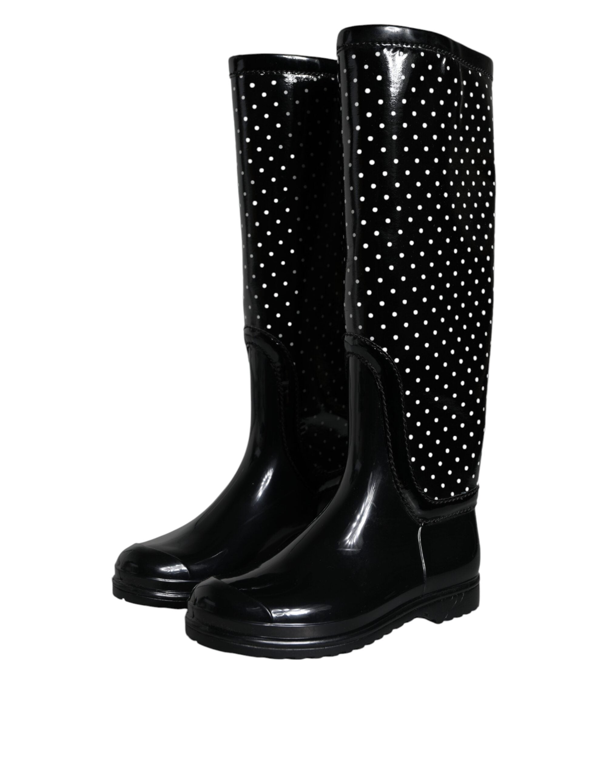Black Polka Dot Rubber Knee High Boots Shoes - ventzia