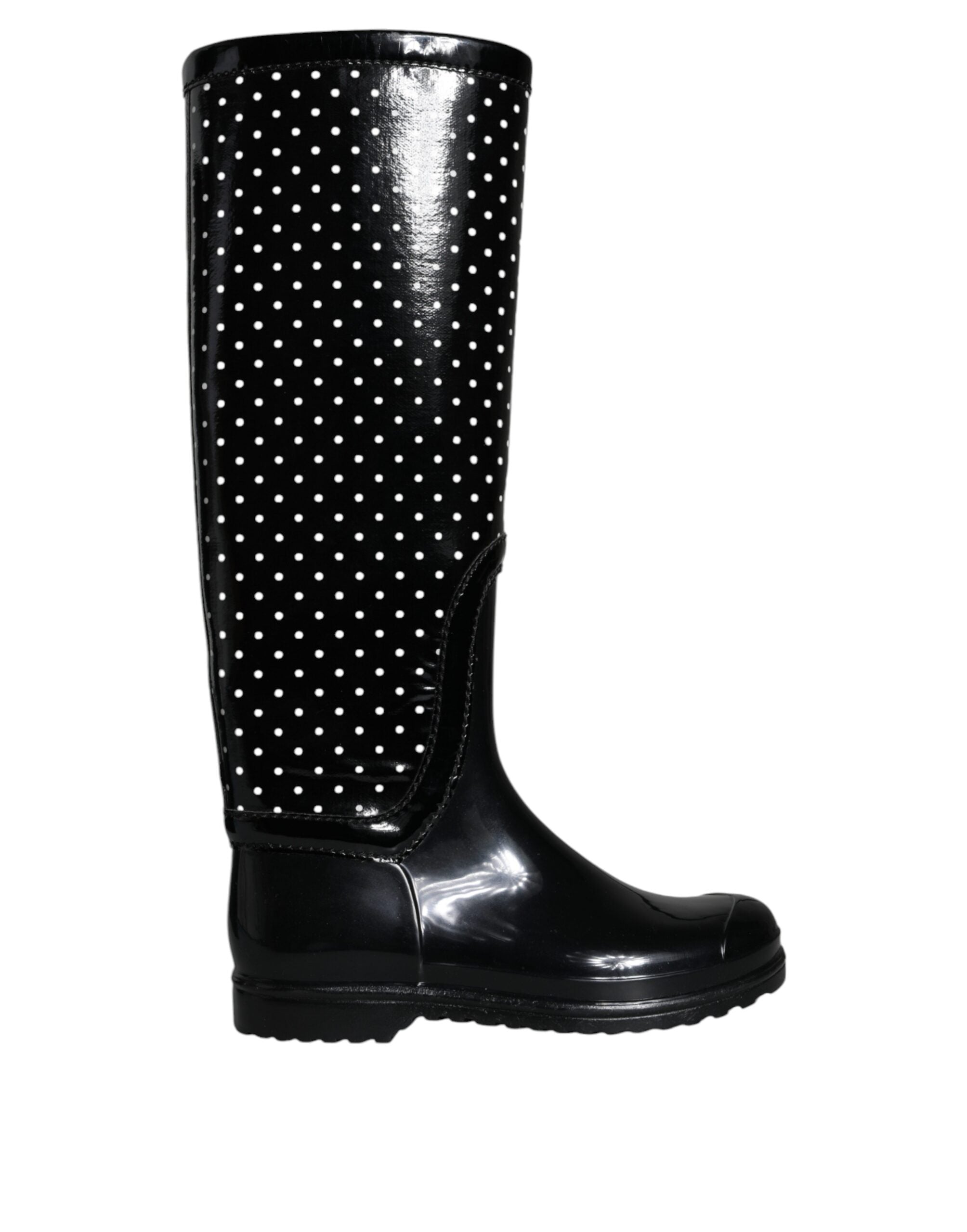 Black Polka Dot Rubber Knee High Boots Shoes - ventzia
