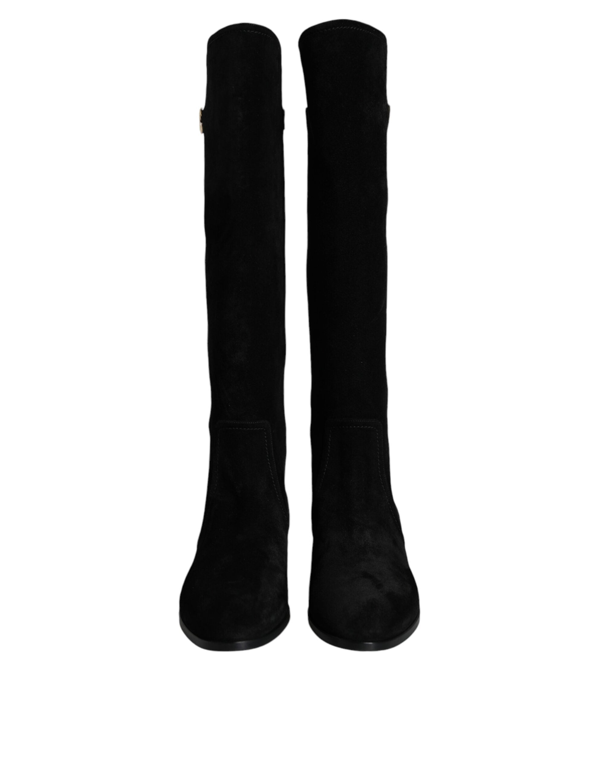 Black Suede Leather Knee High Boots Shoes - ventzia