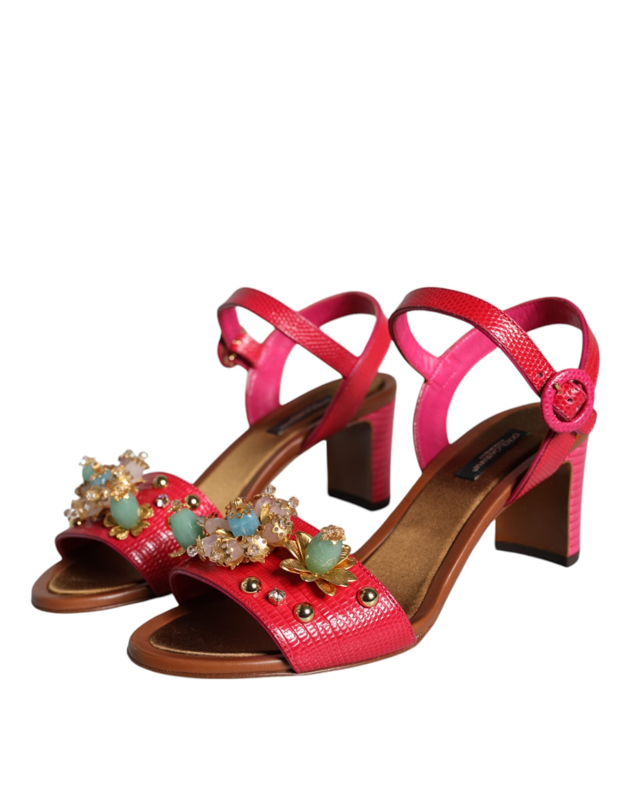 Fuchsia Leather Embellished Keira Sandals Shoes - ventzia