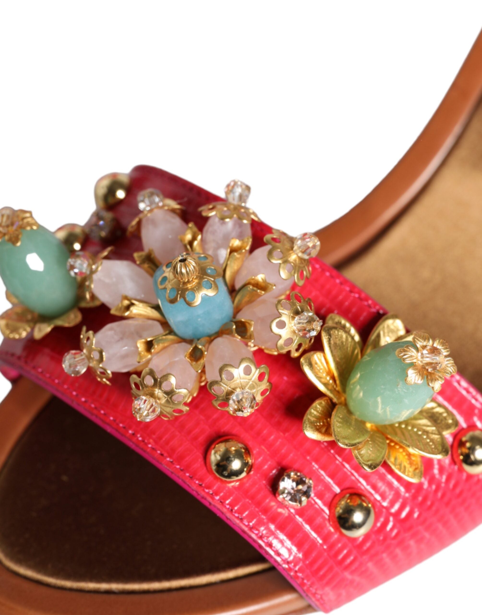 Fuchsia Leather Embellished Keira Sandals Shoes - ventzia