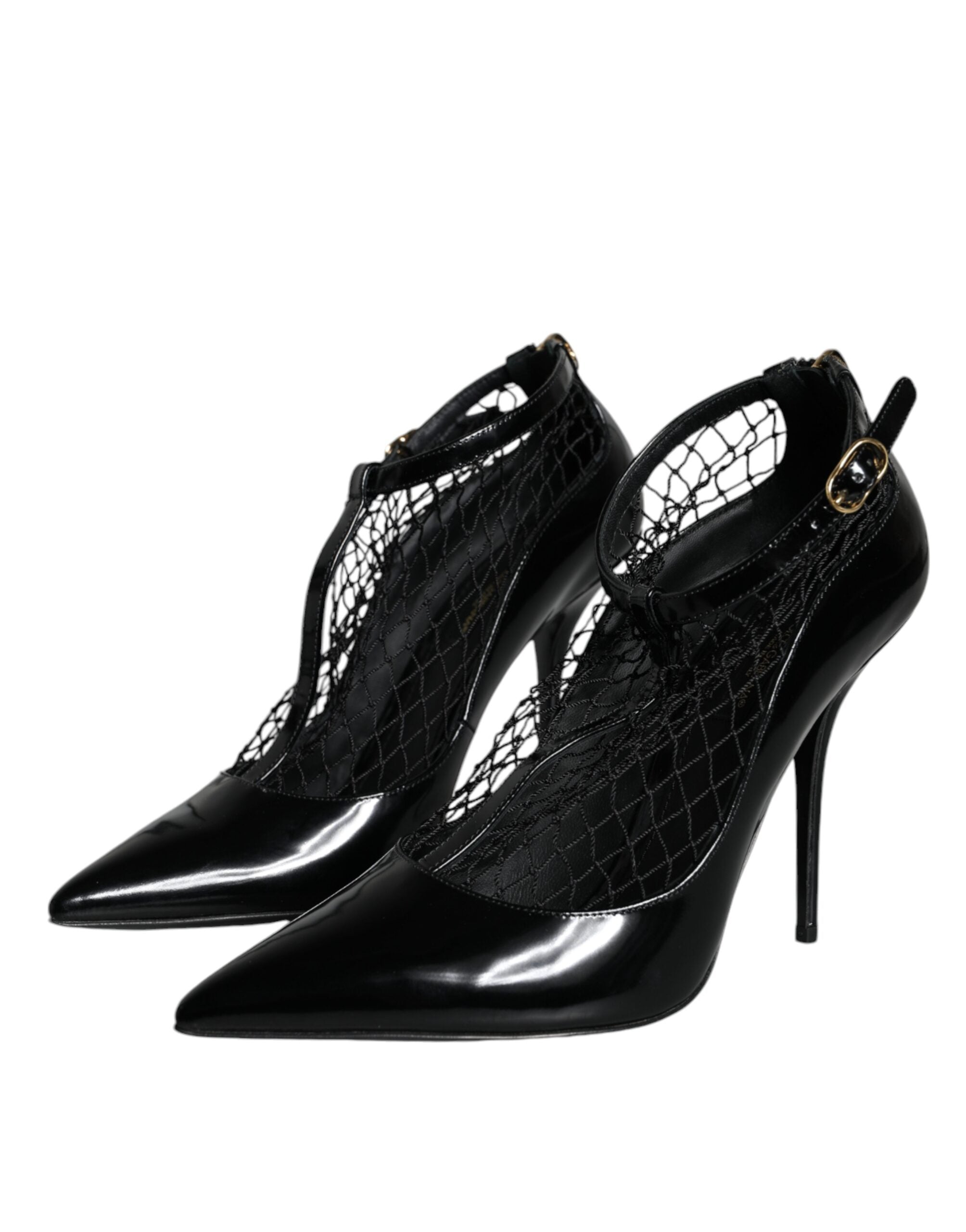 Black Mesh Patent Leather Heels Pumps Shoes - ventzia