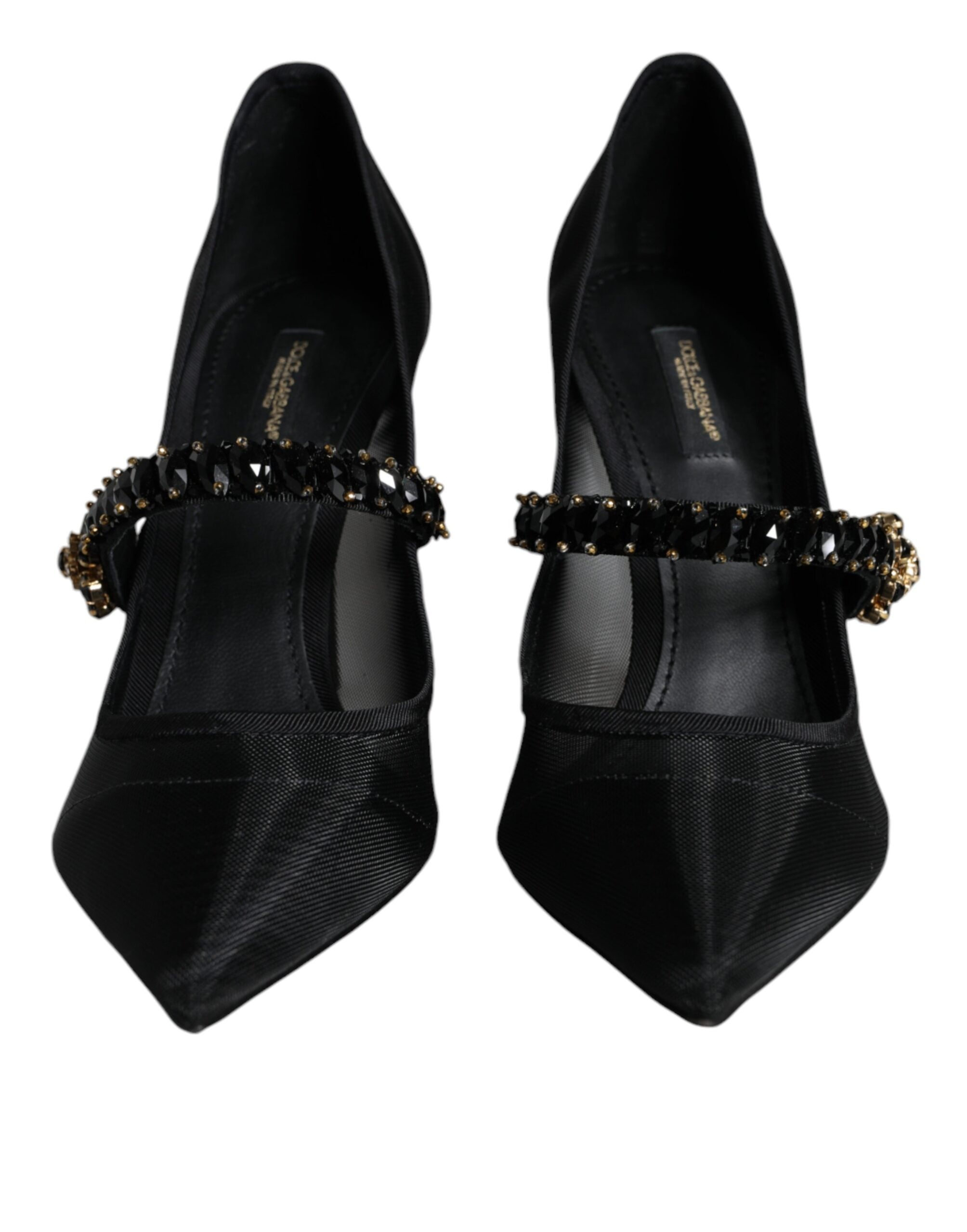 Black Mesh Mary Jane Crystal Heel Pumps Shoes - ventzia