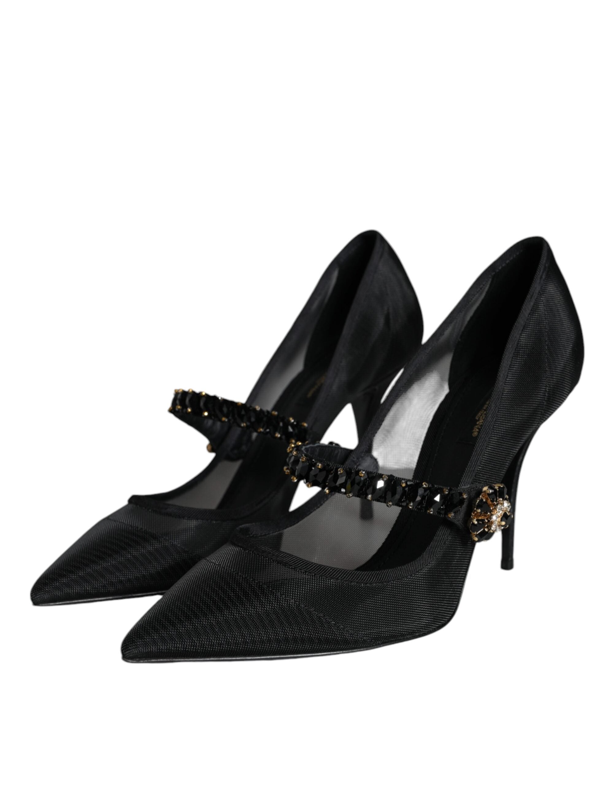 Black Mesh Mary Jane Crystal Heel Pumps Shoes - ventzia