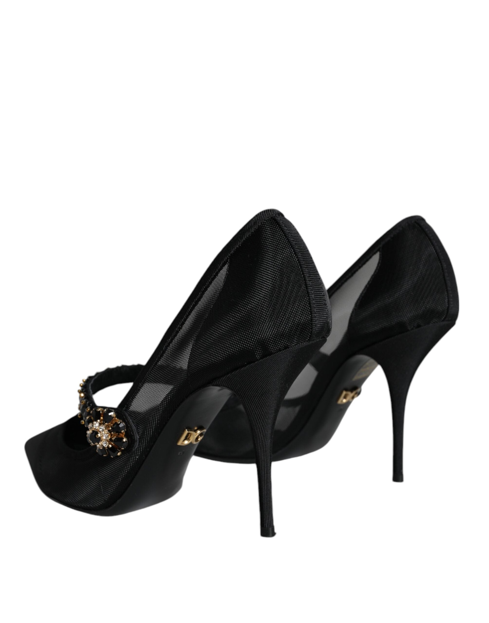 Black Mesh Mary Jane Crystal Heel Pumps Shoes - ventzia