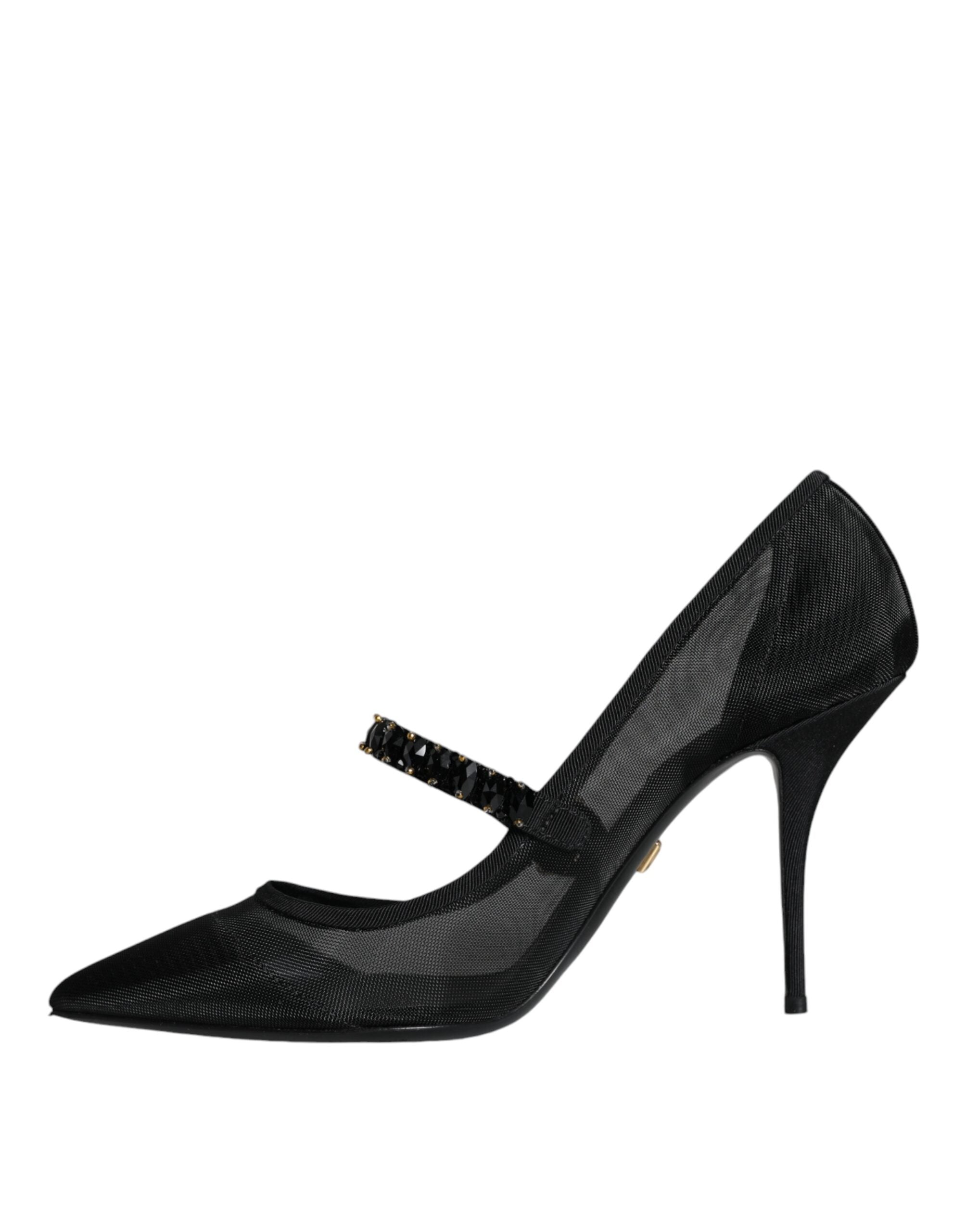 Black Mesh Mary Jane Crystal Heel Pumps Shoes - ventzia