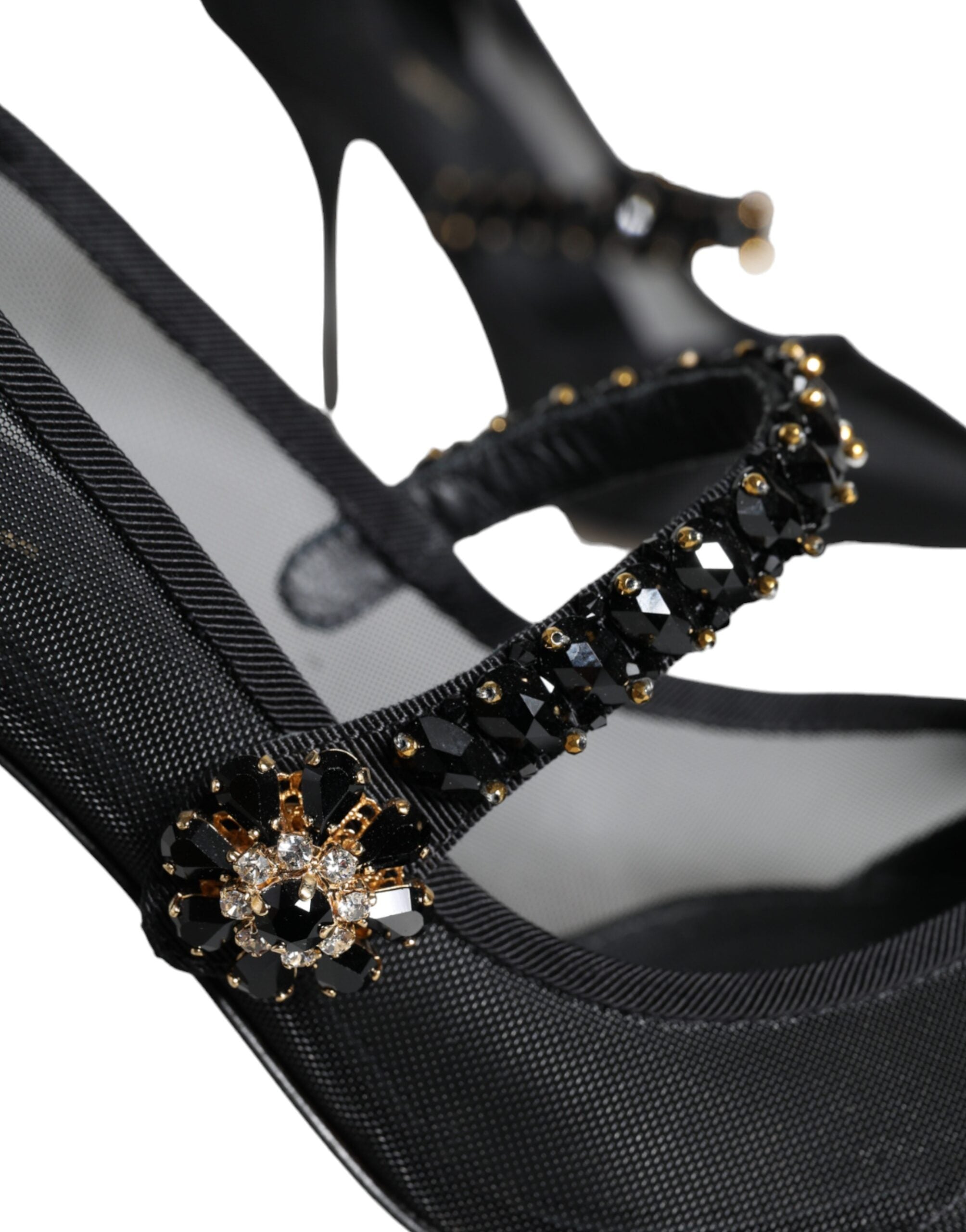 Black Mesh Mary Jane Crystal Heel Pumps Shoes - ventzia