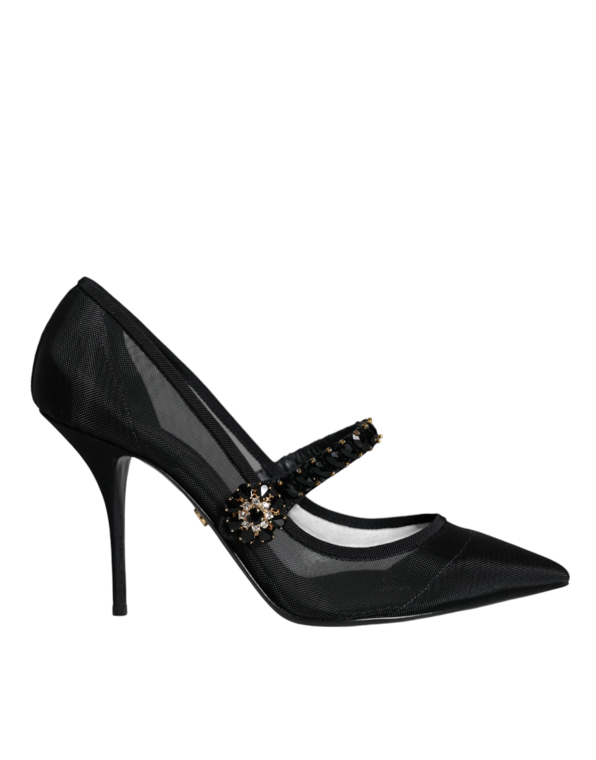 Black Mesh Mary Jane Crystal Heel Pumps Shoes - ventzia