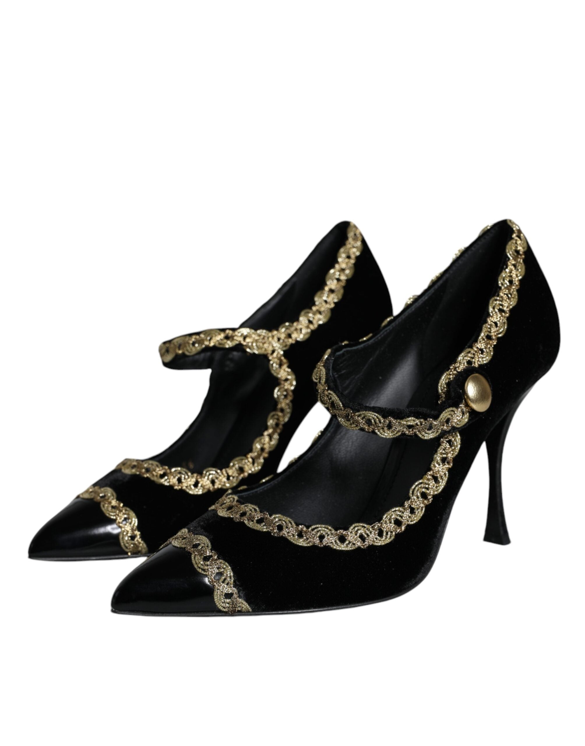 Black Mary Janes Velvet Gold Pumps Shoes - ventzia