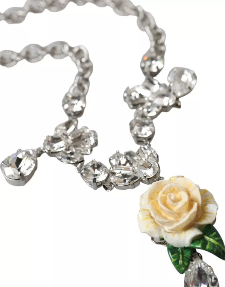 Silver Brass Clear Crystal Roses Pendants Necklace - ventzia