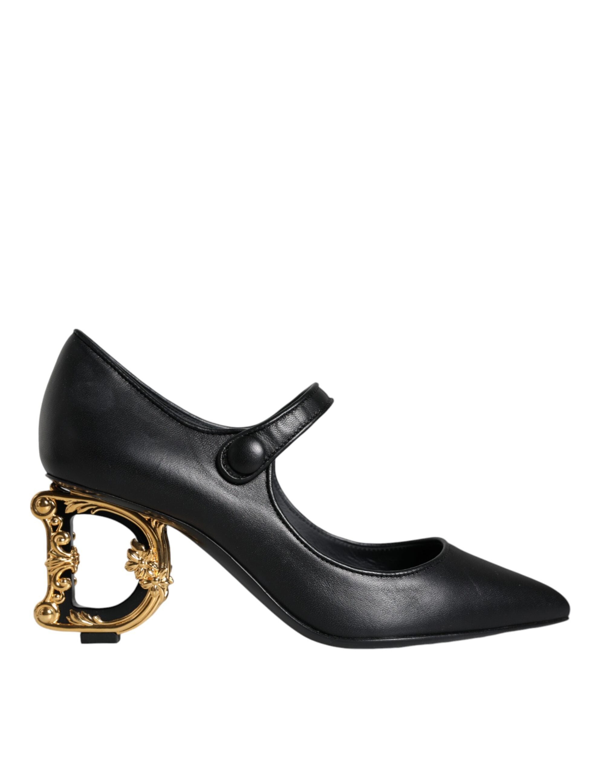 Black Leather Logo Heels Mary Janes Pumps Shoes - ventzia