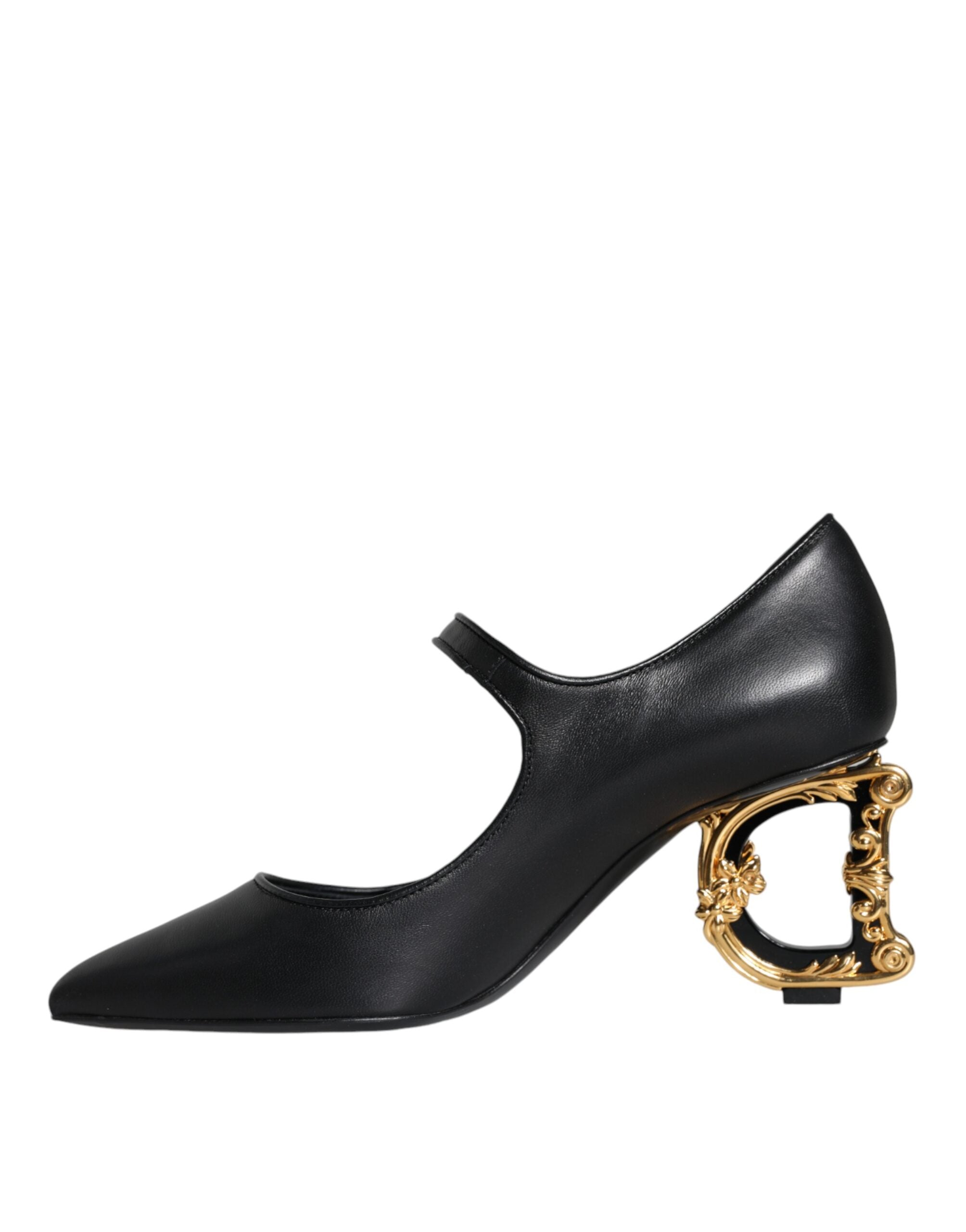 Black Leather Logo Heels Mary Janes Pumps Shoes - ventzia