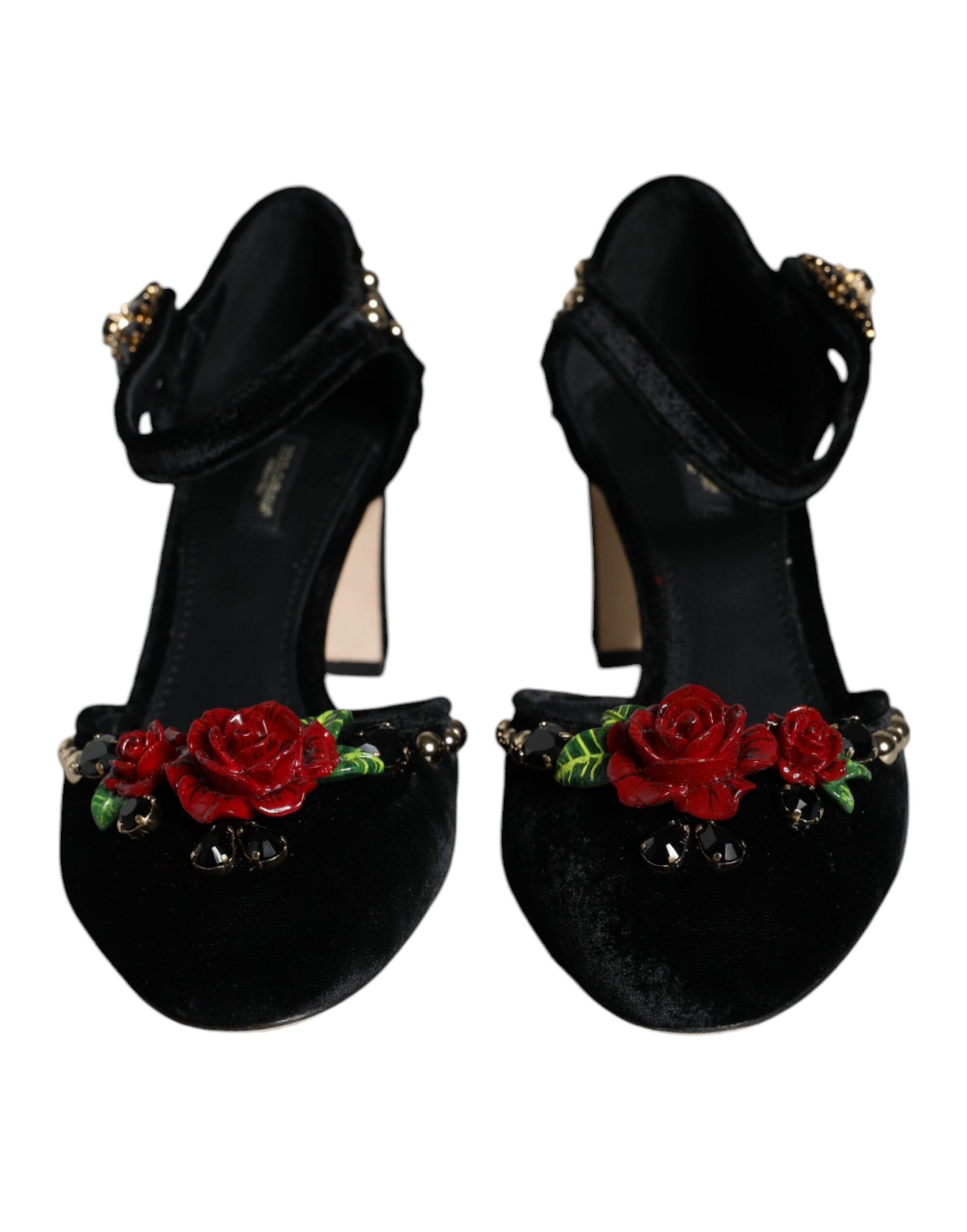 Black Velvet Roses Ankle Strap Pumps Shoes - ventzia