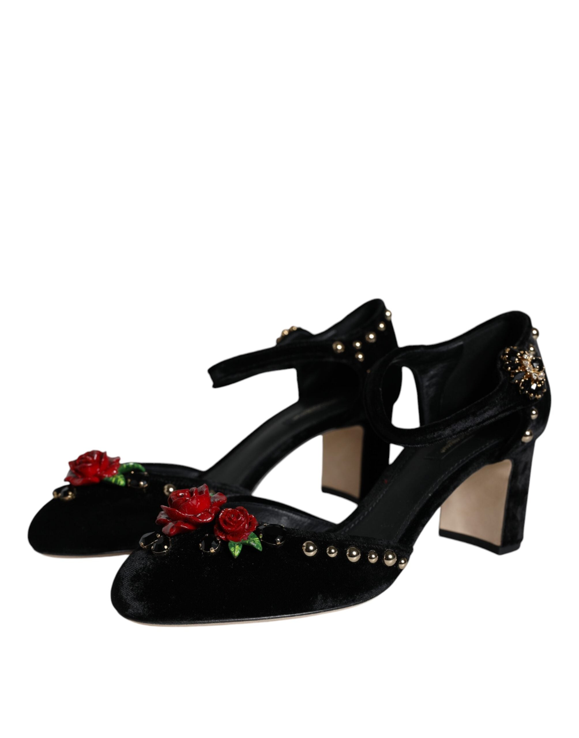 Black Velvet Roses Ankle Strap Pumps Shoes - ventzia