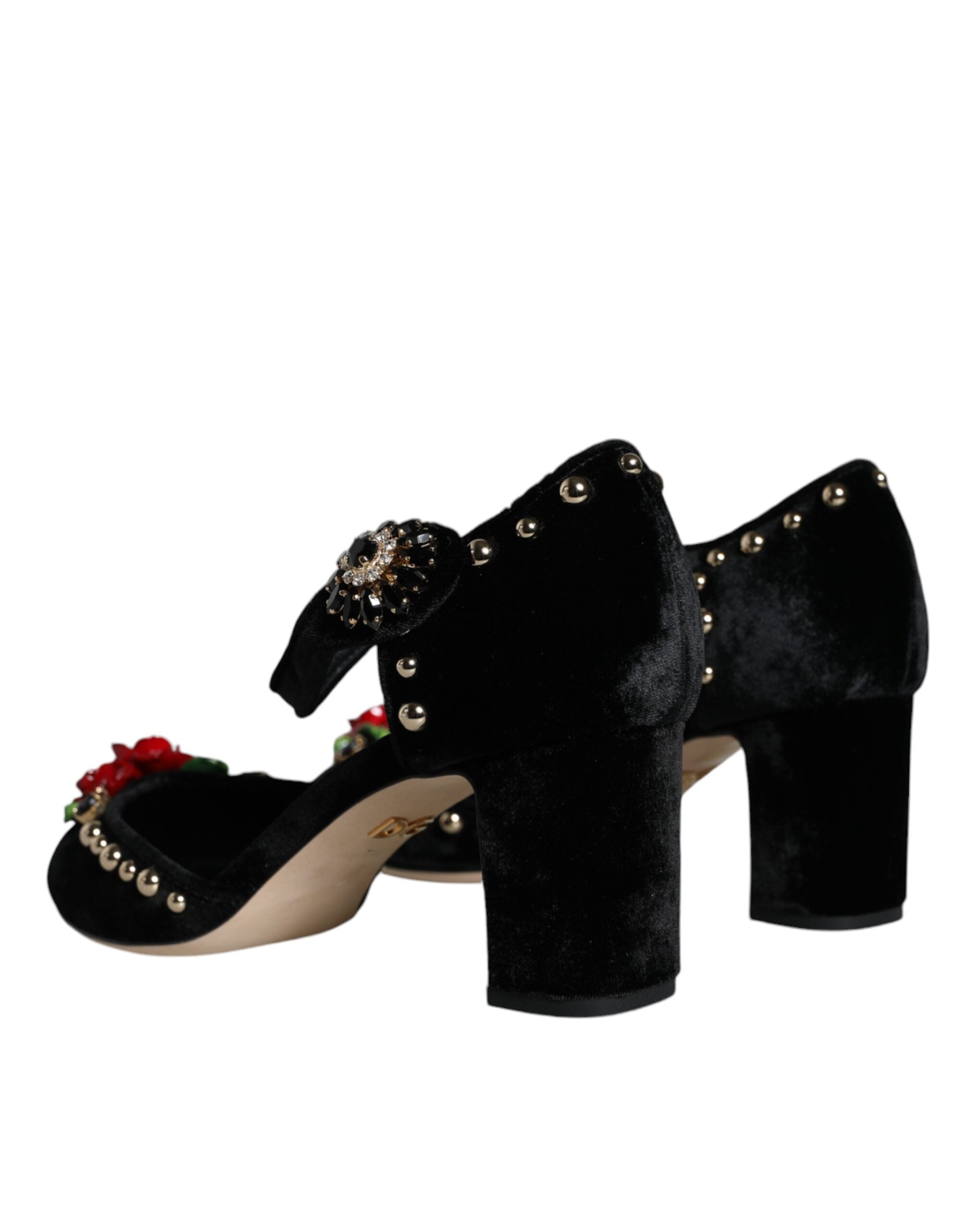 Black Velvet Roses Ankle Strap Pumps Shoes - ventzia