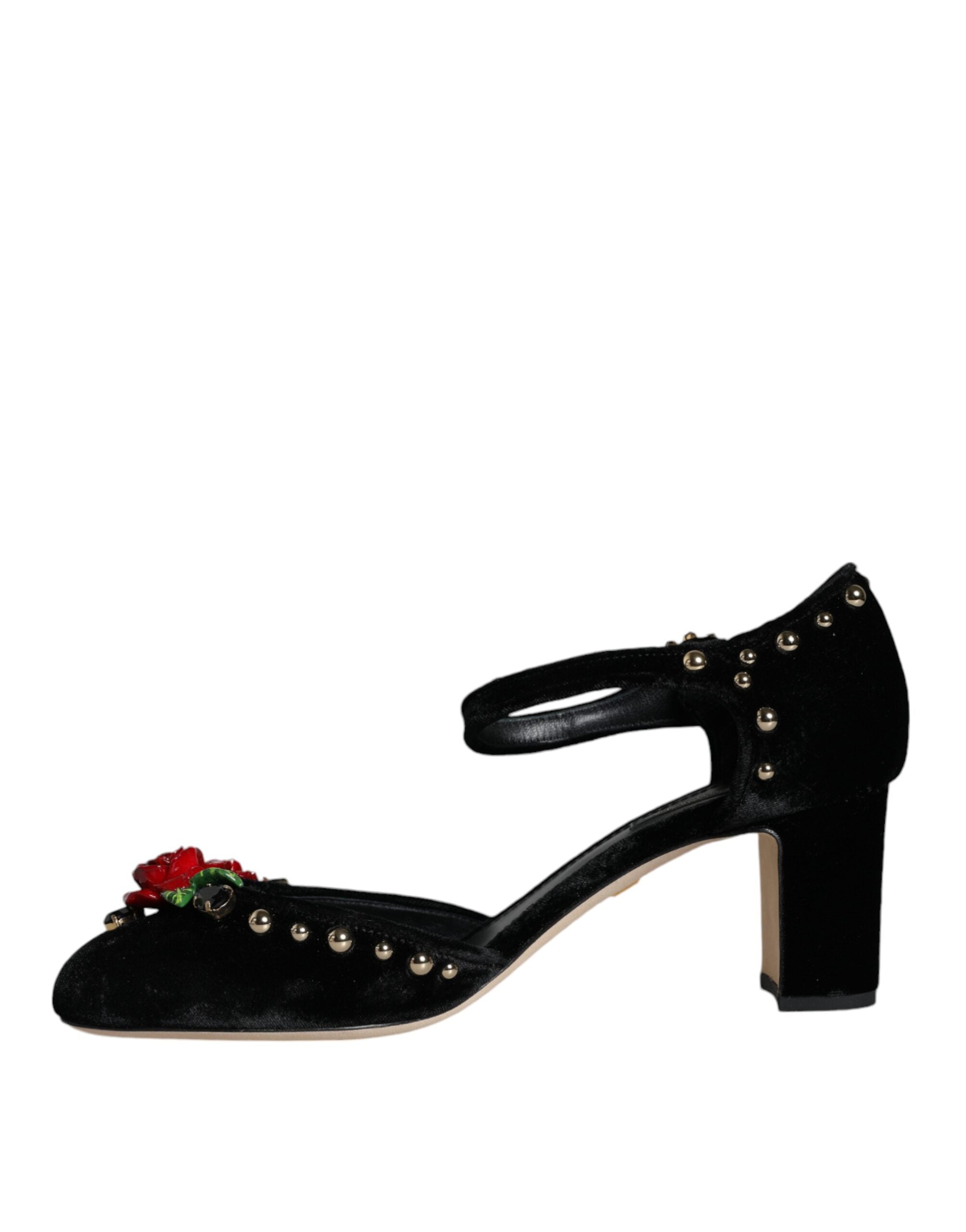 Black Velvet Roses Ankle Strap Pumps Shoes - ventzia