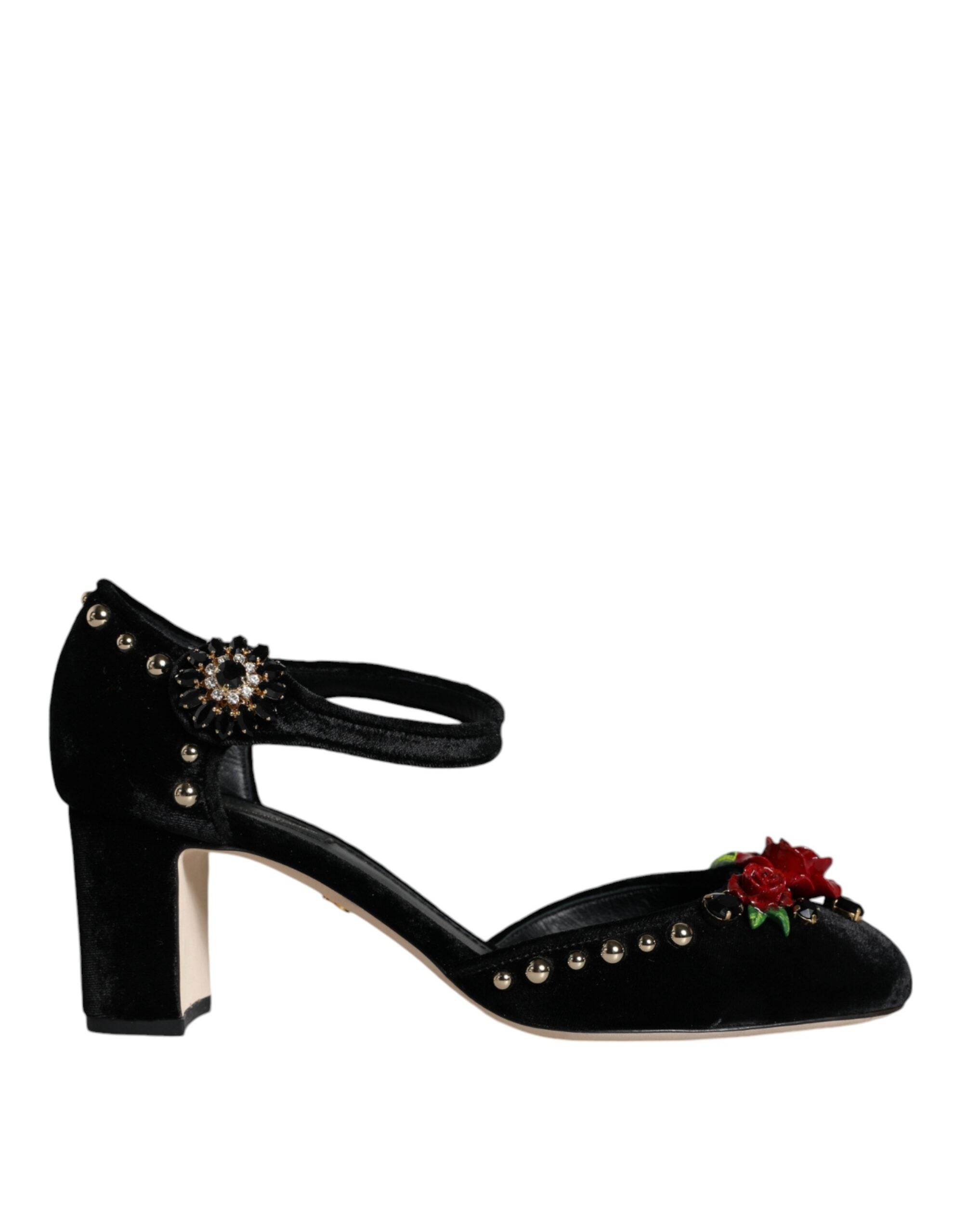 Black Velvet Roses Ankle Strap Pumps Shoes - ventzia