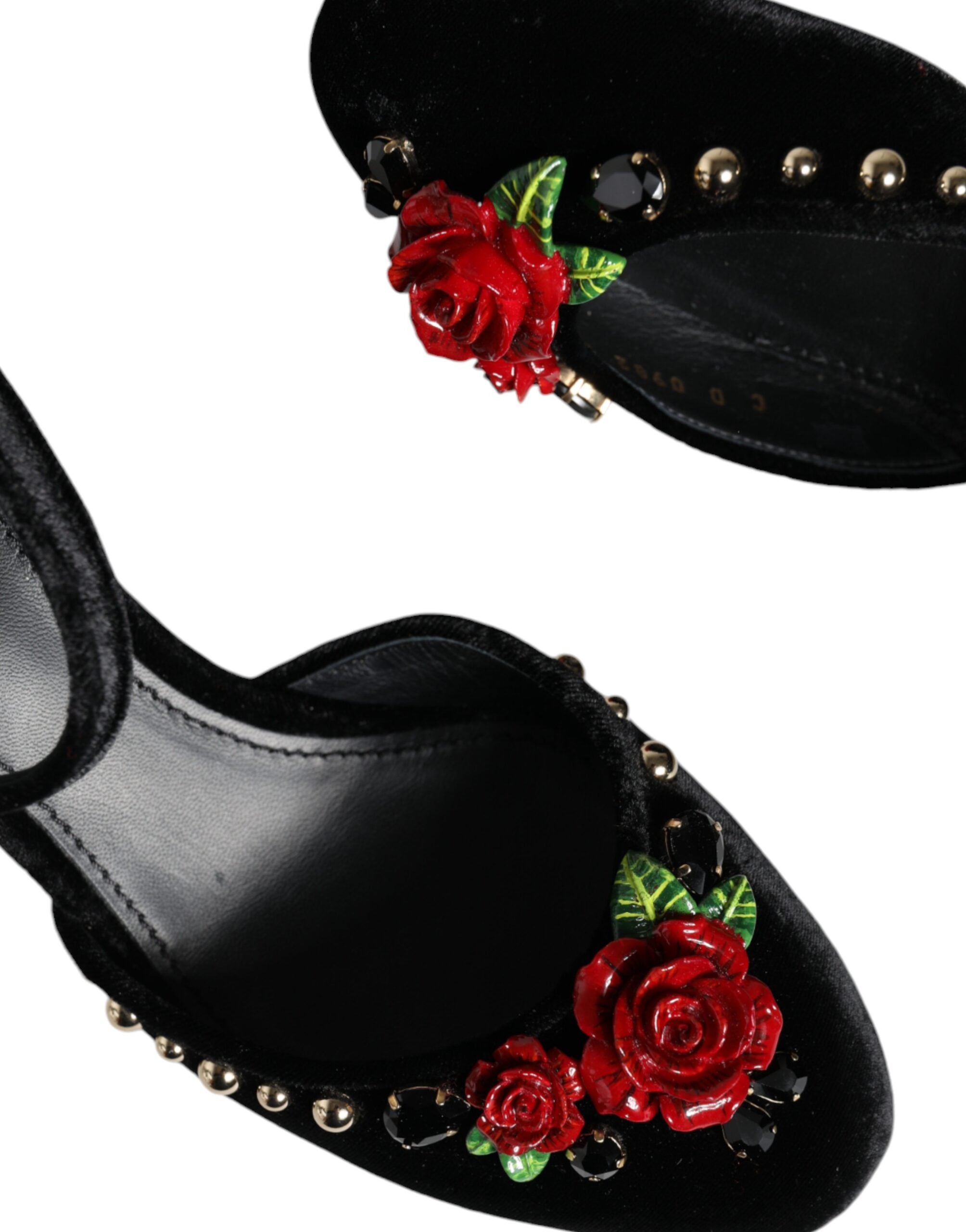 Black Velvet Roses Ankle Strap Pumps Shoes - ventzia