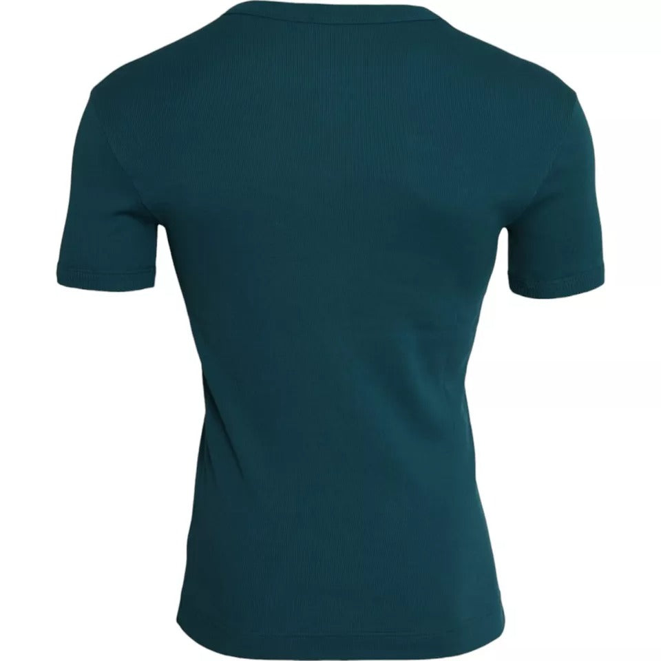 Blue Green Cotton Round Neck Short Sleeves T-shirt - ventzia
