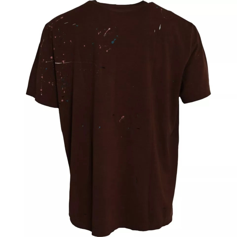 Brown Color Splash Cotton Crew Neck T-shirt - ventzia