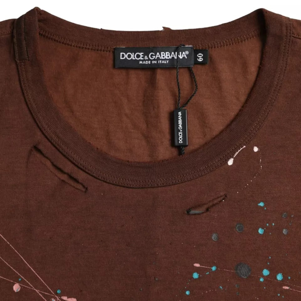 Brown Color Splash Cotton Crew Neck T-shirt - ventzia