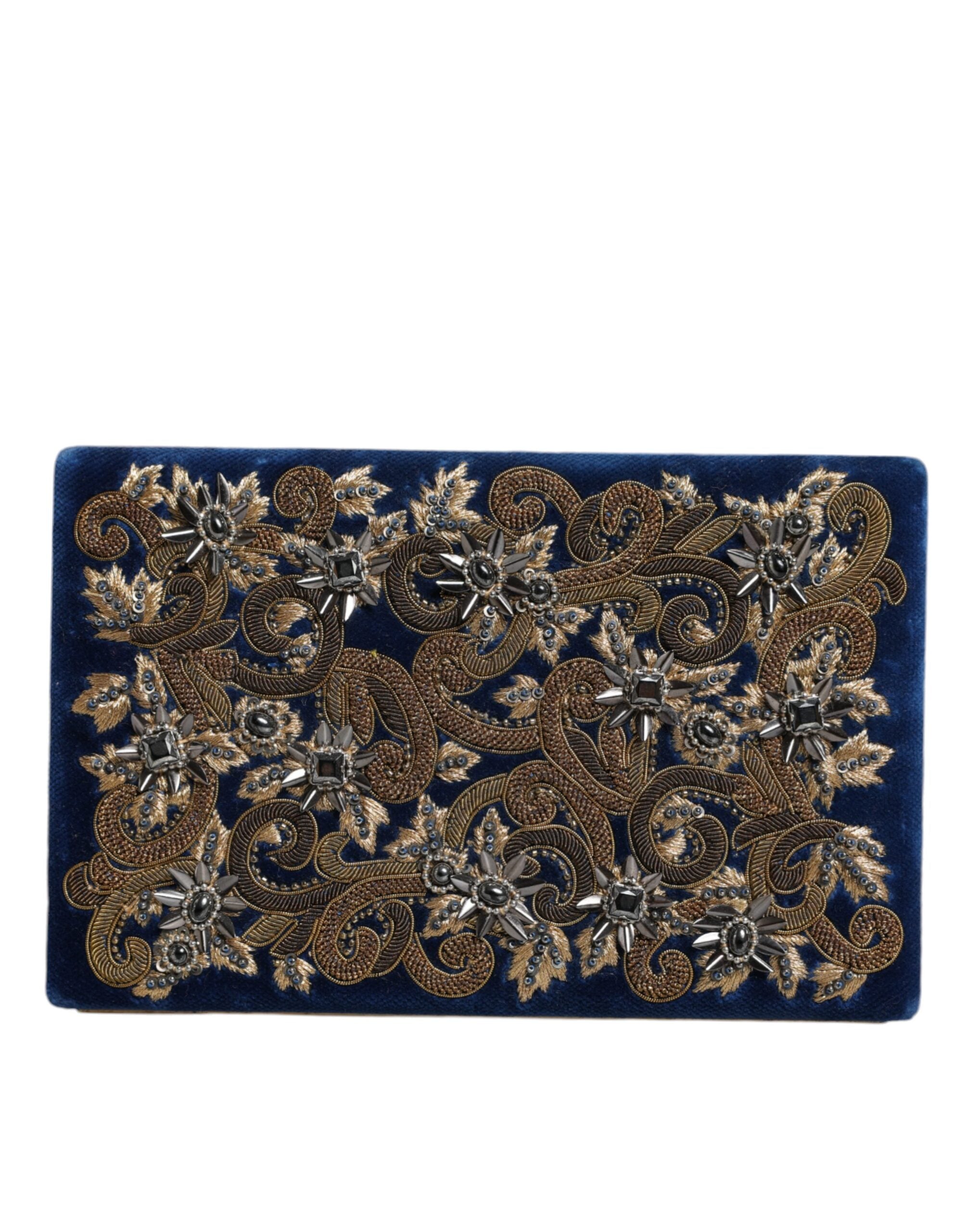 Blue Velvet Gold Frame Clutch Evening Party Purse Bag - ventzia