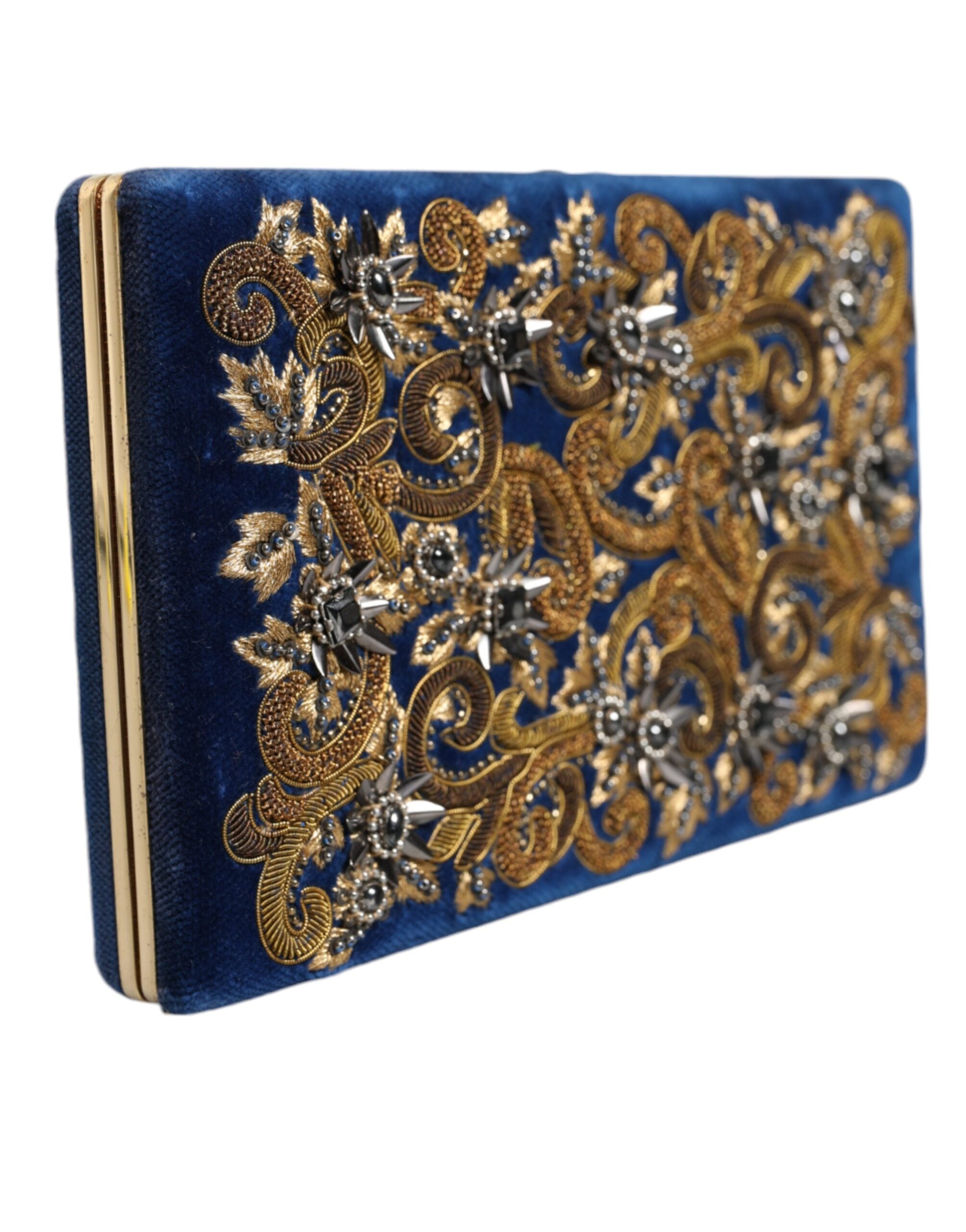 Blue Velvet Gold Frame Clutch Evening Party Purse Bag - ventzia