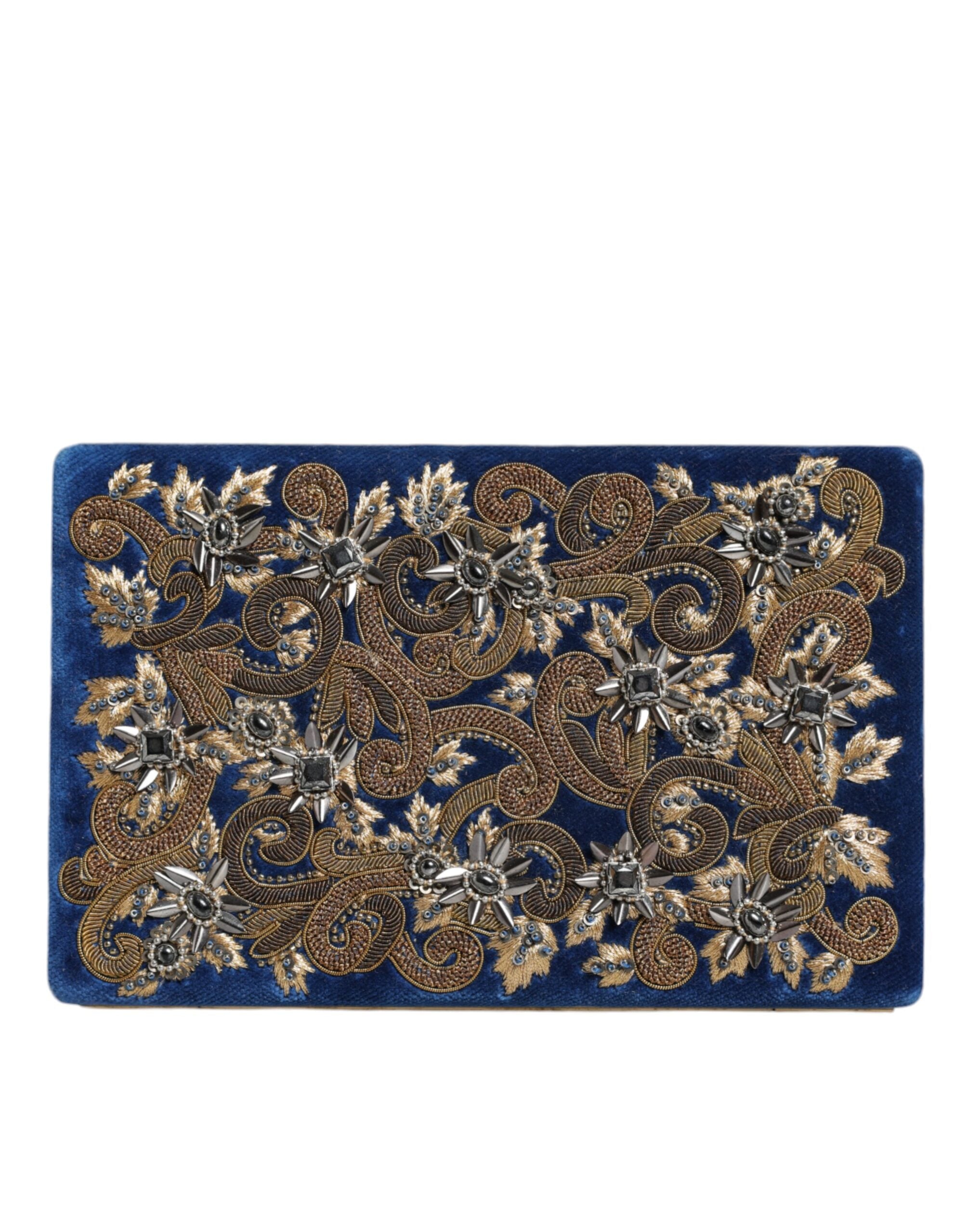 Blue Velvet Gold Frame Clutch Evening Party Purse Bag - ventzia