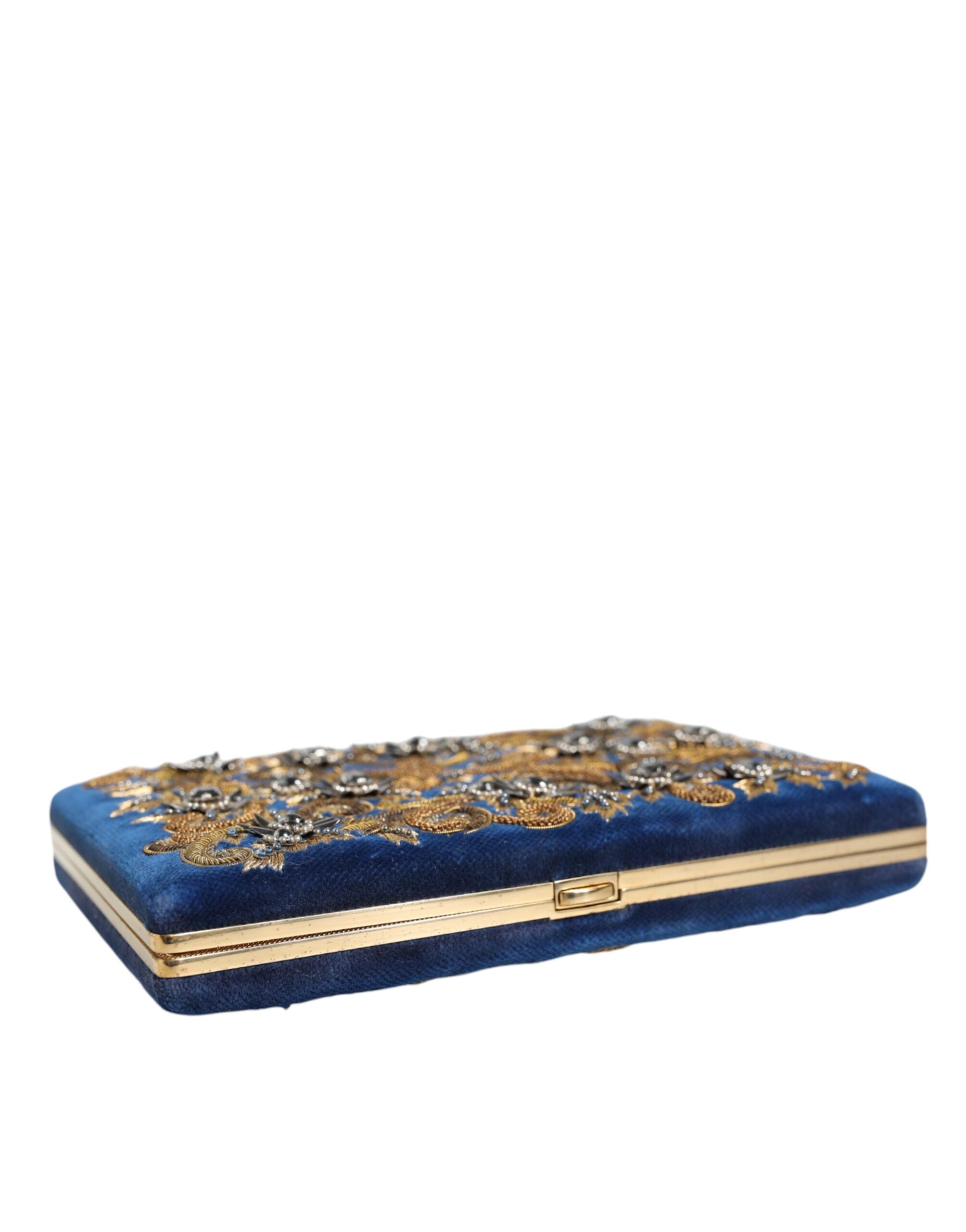 Blue Velvet Gold Frame Clutch Evening Party Purse Bag - ventzia