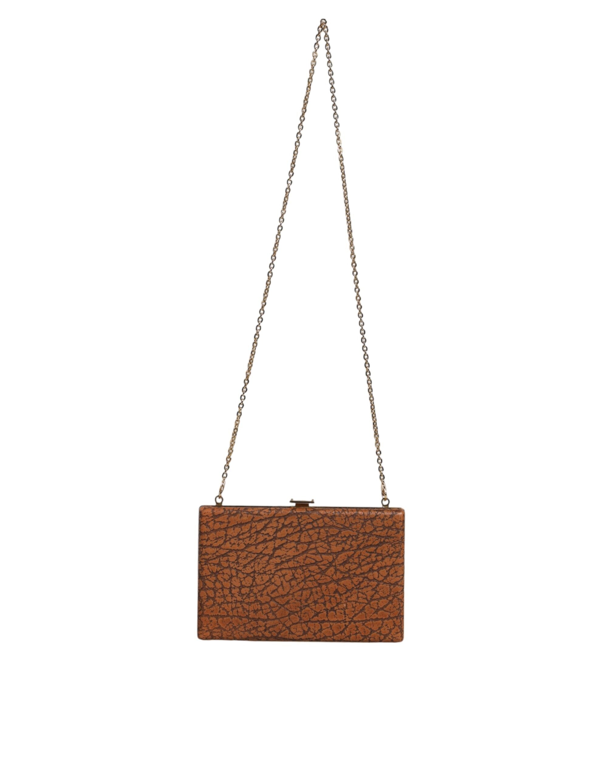 Brown Leather Gold Frame Clutch Mini Crossbody Bag - ventzia