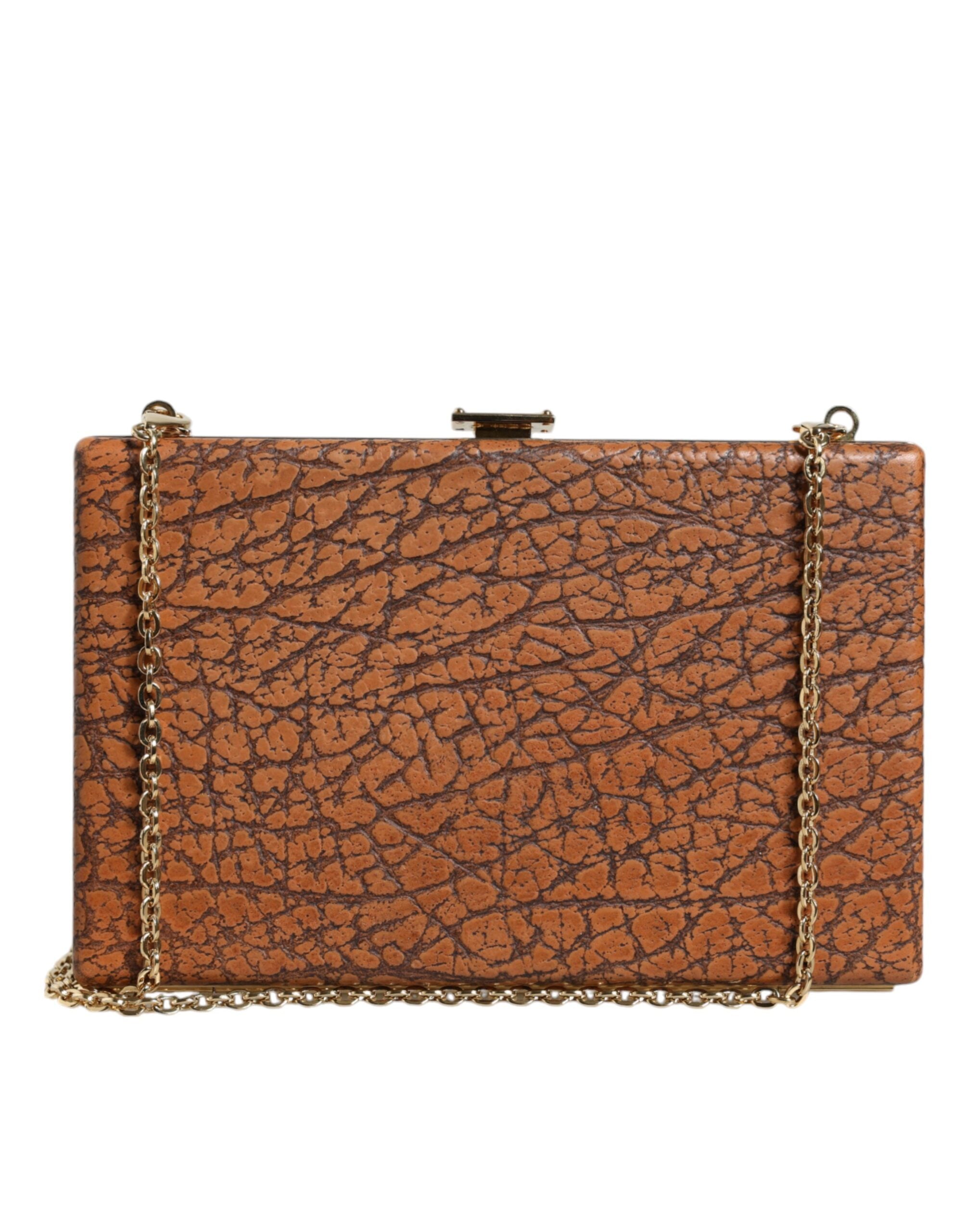 Brown Leather Gold Frame Clutch Mini Crossbody Bag - ventzia